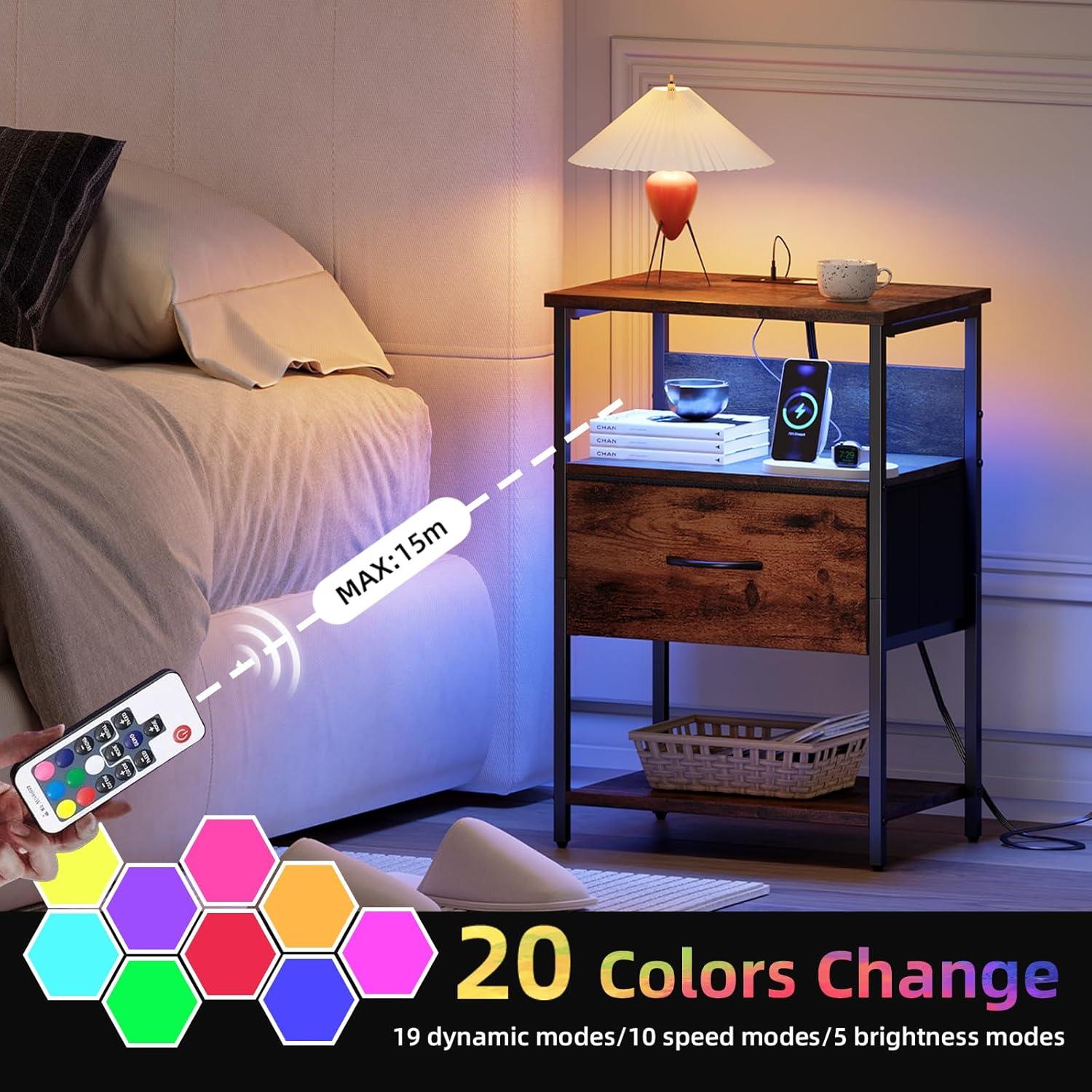 Somdot Bedside Table Set of 2 with Charging Station, LED and Storage Shelfs for Bedroom Living Room, Wood Grain Print