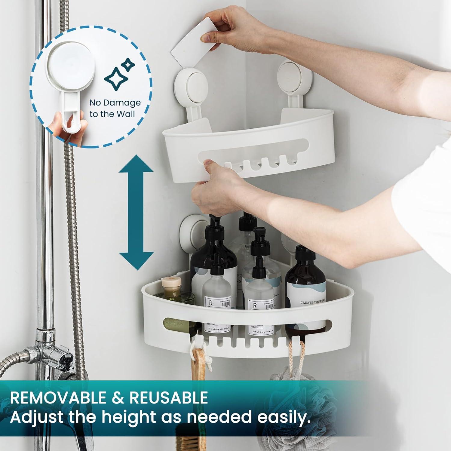 Shower Caddy Suction Cup 2 Pack With Hooks & Soap Holder, Heavy Duty Shower Organizer For Bathroom