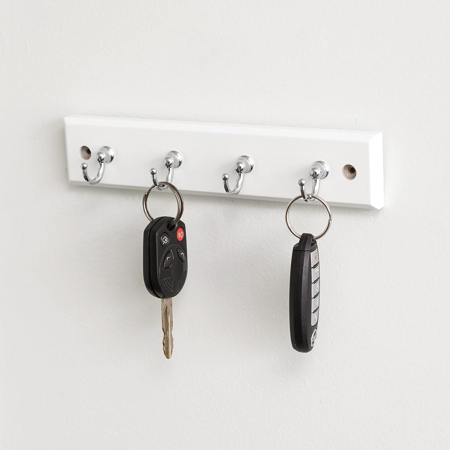 White MDF and Steel Wall-Mounted Key Rack with 4 Hooks