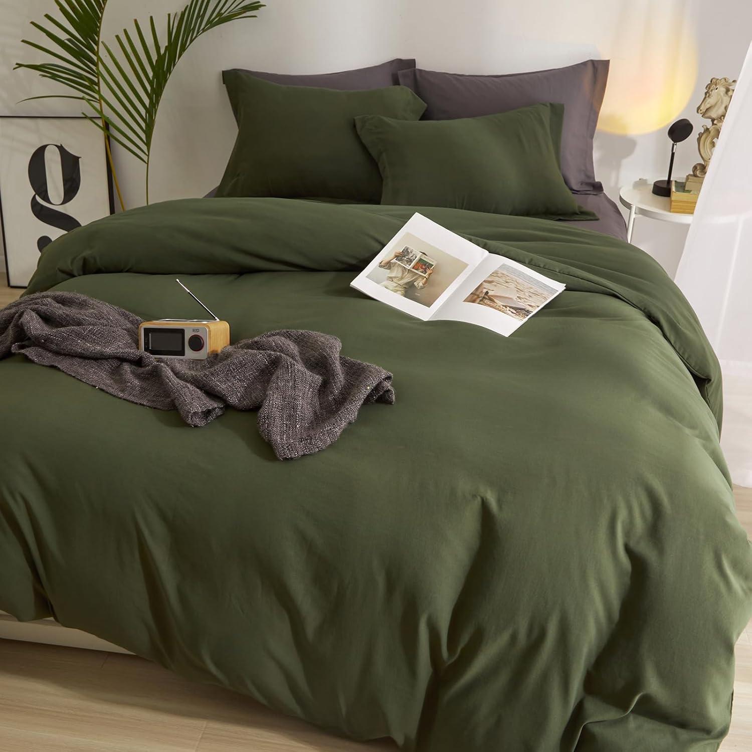 3 Piece 100% Washed Cotton Army Green Duvet Cover Set Luxury Soft and Breatheable Bedding Set with Zipper Closure,Queen Size