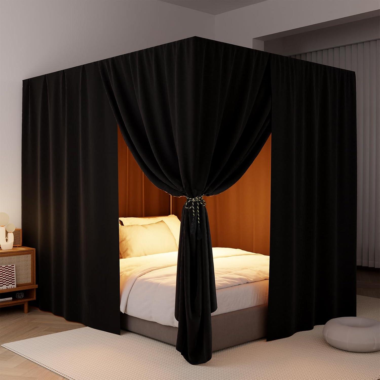 Black Canopy Bed Curtains - 4 Corner Post Bed Curtains King Lightproof Drapes Bed Canopy Curtain with Tie Backs for Adults & Girls Bedroom Decoration(Black,King)