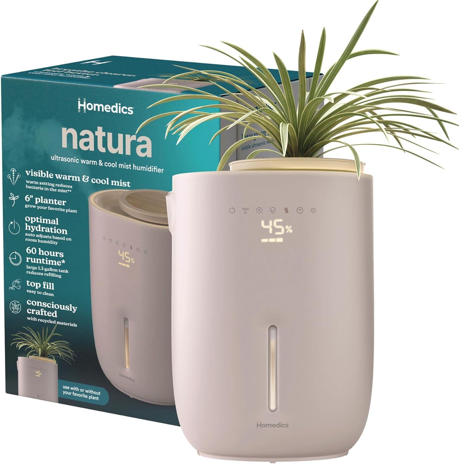 HoMedics Top-Fill Easy to Clean Warm/Cool Mist Ultrasonic Humidifier with Small Planter and Aromatherapy: 1.3 Gal, 60 Hr Run, No Filter