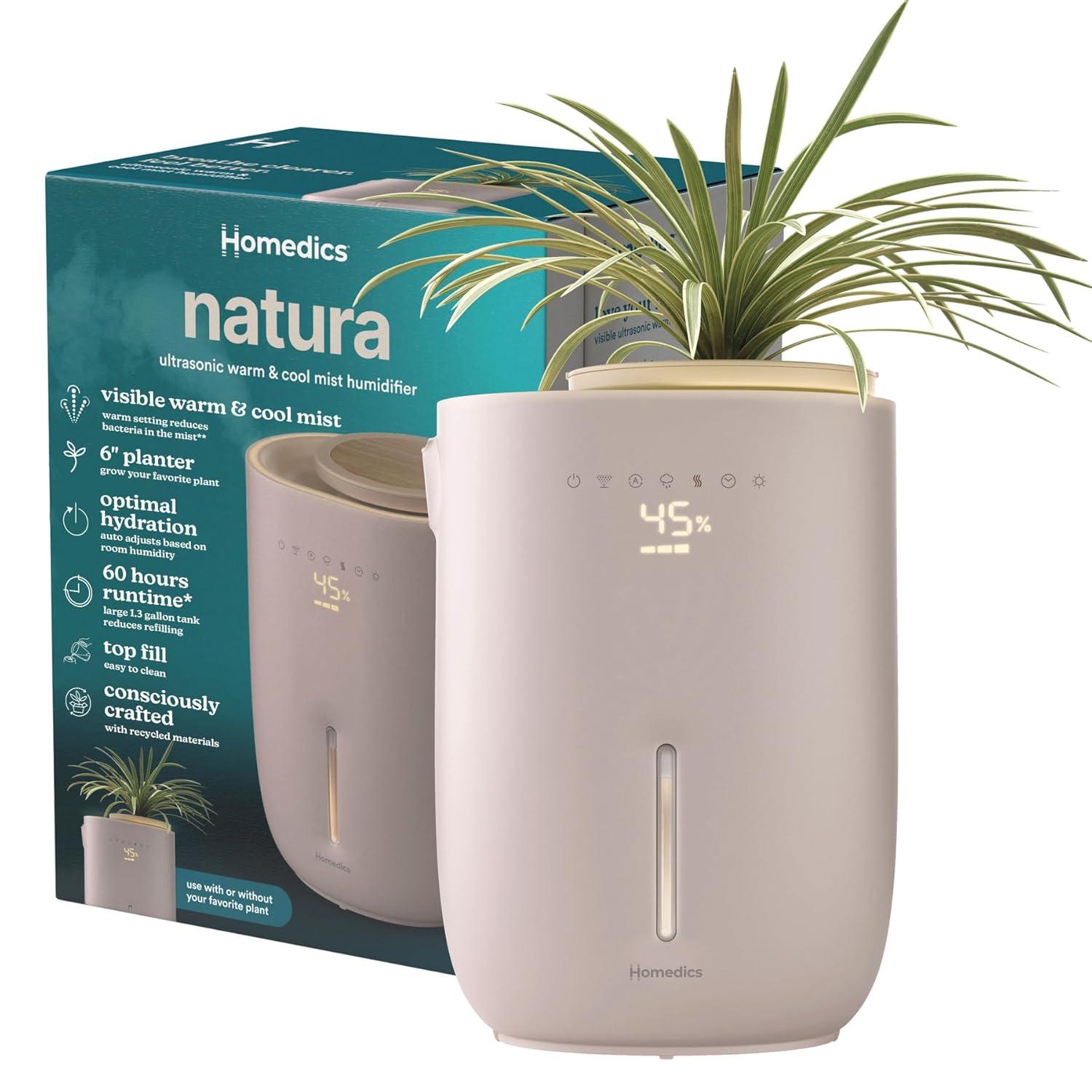 HoMedics Top-Fill Easy to Clean Warm/Cool Mist Ultrasonic Humidifier with Small Planter and Aromatherapy: 1.3 Gal, 60 Hr Run, No Filter