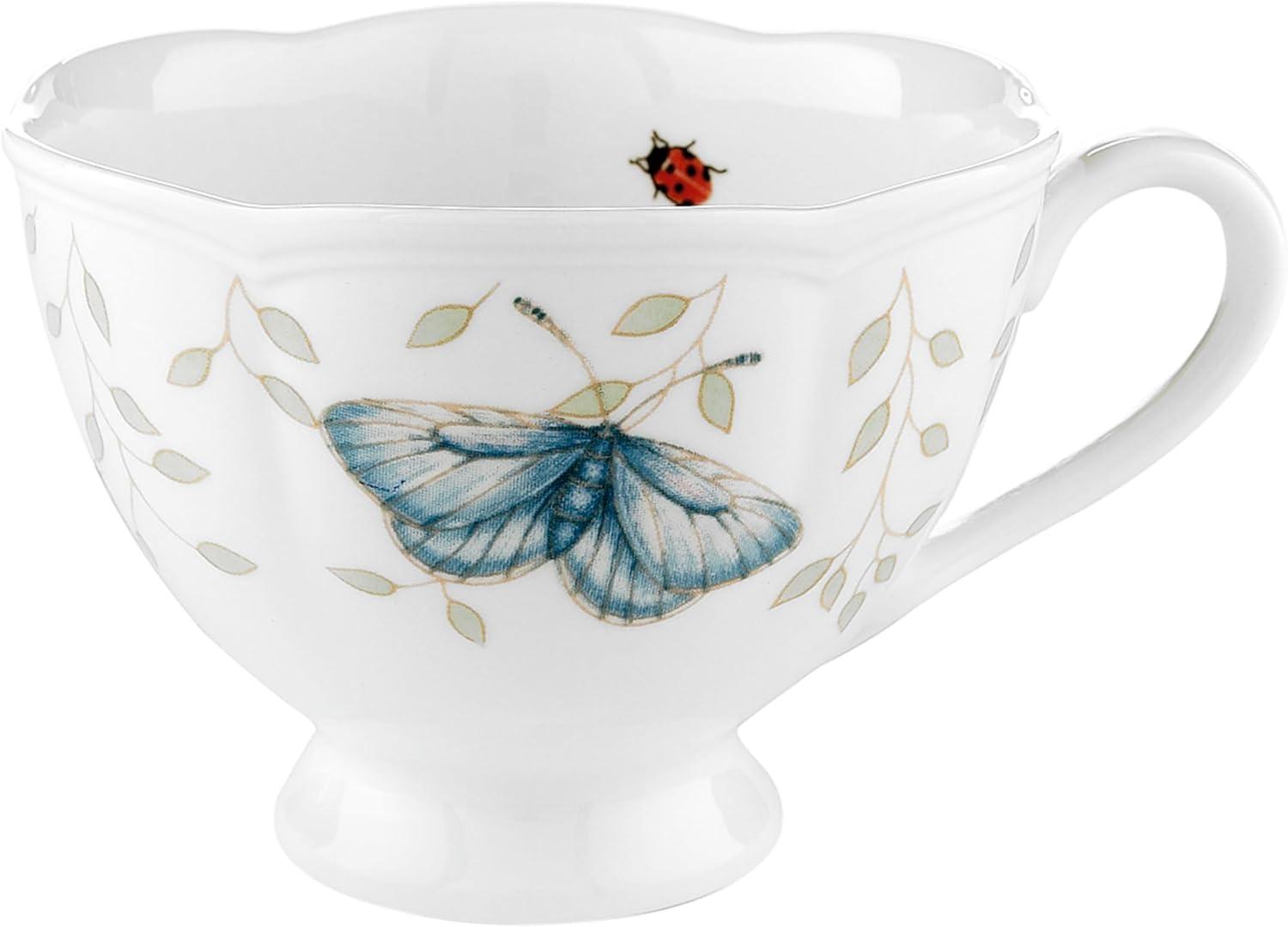 White Ceramic Floral Butterfly Scalloped Cup