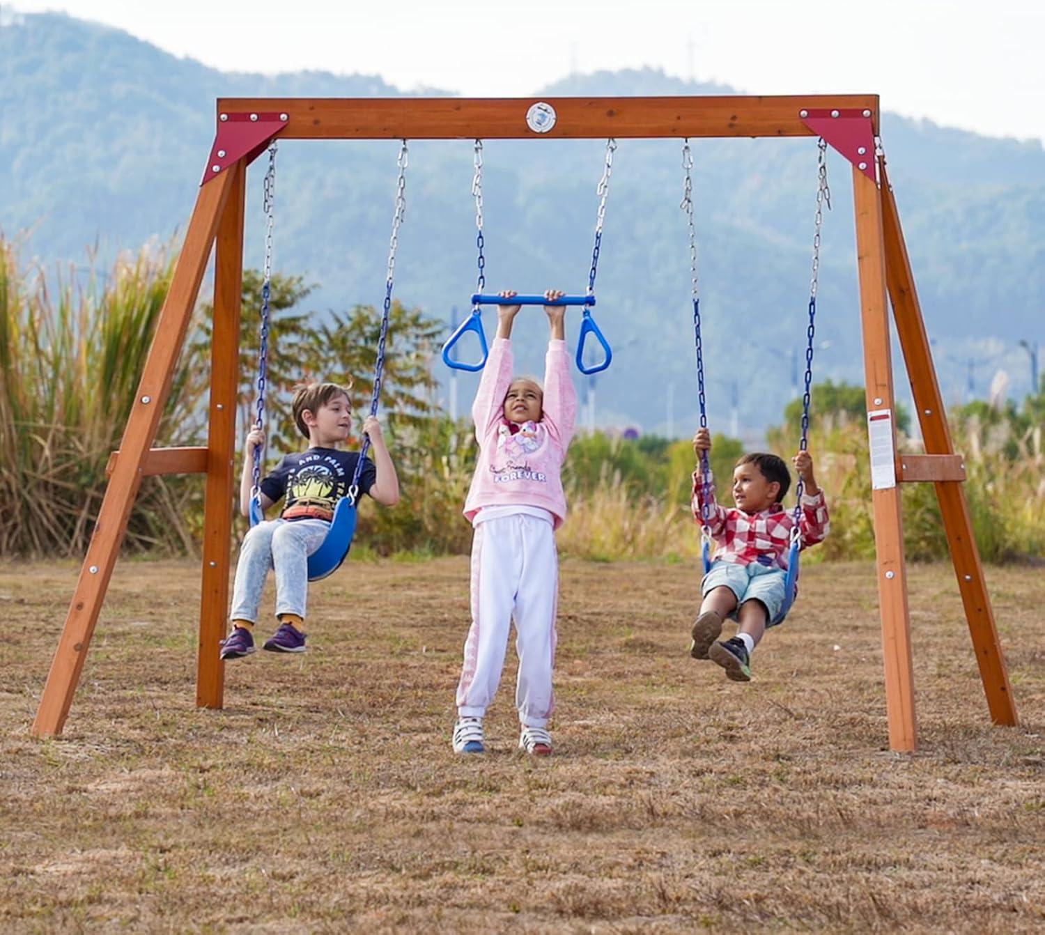 Dolphin Playground Wooden Swing Sets for Backyard, Family DIY Kit for Any Swings, Outdoor Playset for Kids with Trapeze Swing Bar and 2 Belt Swings, Heavy Duty Playground Accessories, Ages 3-10