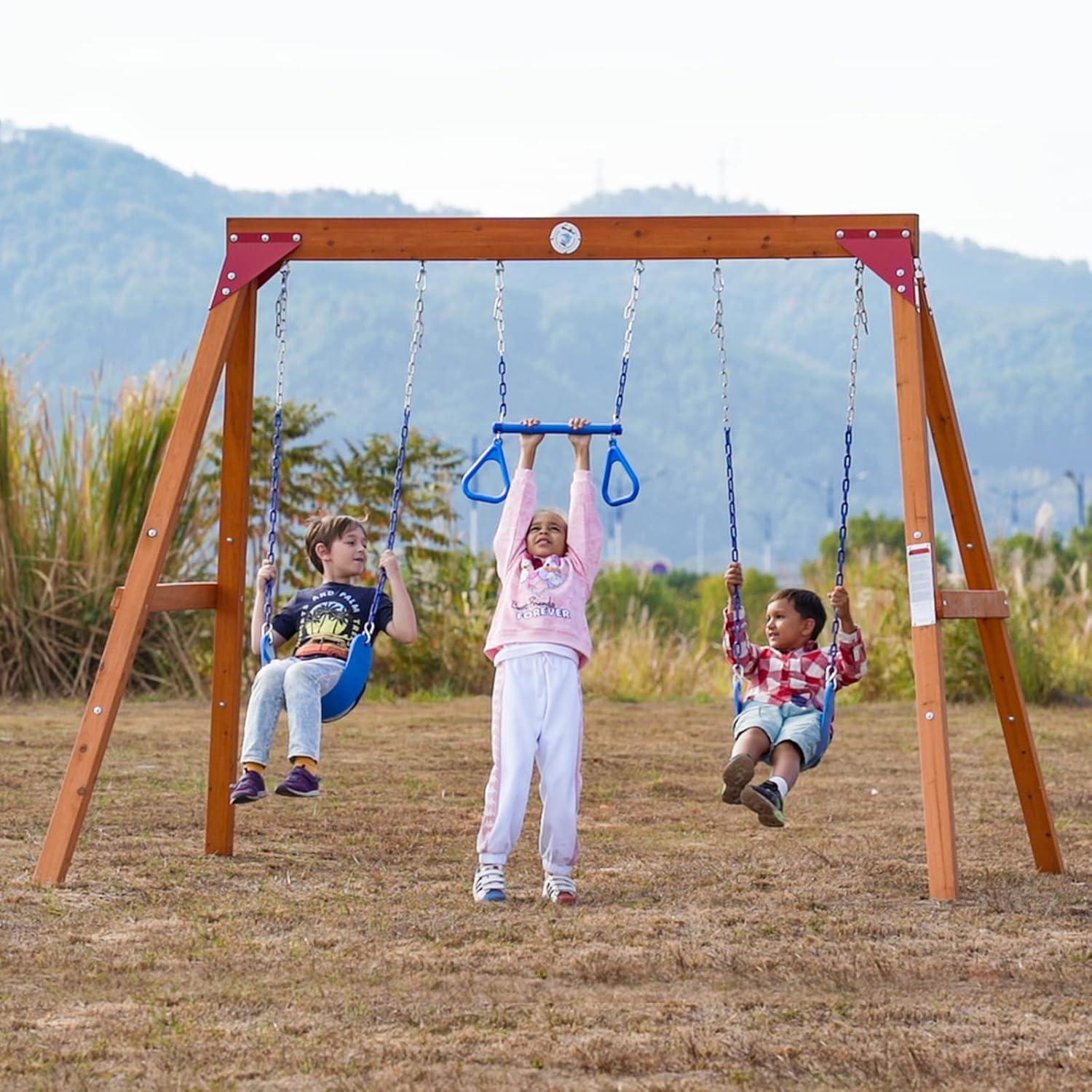 Dolphin Playground Wooden Swing Sets for Backyard, Family DIY Kit for Any Swings, Outdoor Playset for Kids with Trapeze Swing Bar and 2 Belt Swings, Heavy Duty Playground Accessories, Ages 3-10