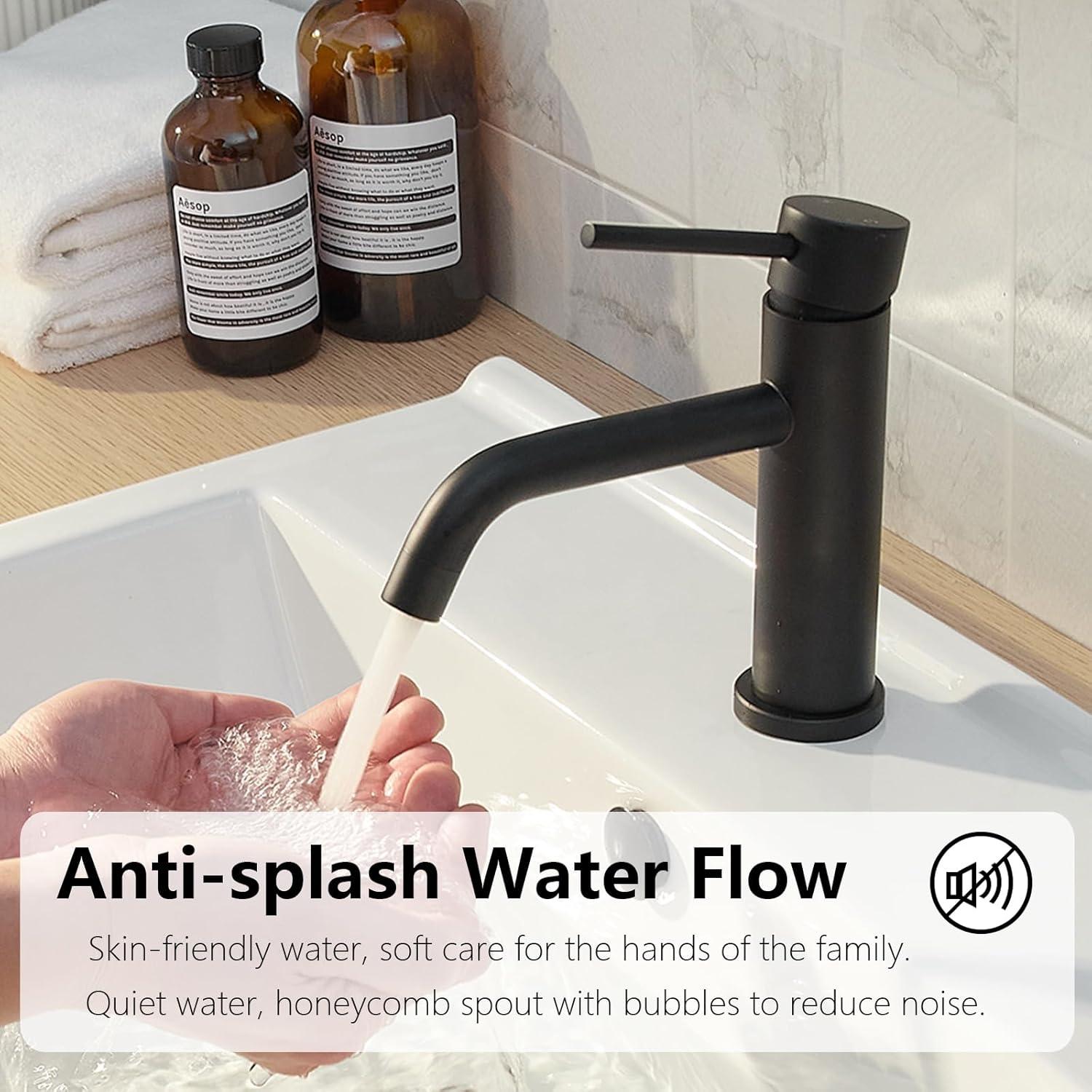 Matte Black Bathroom Faucet Black Bathroom Sink Faucet Single Handle Black Bathroom Faucet Modern Single Hole Faucet Bathroom with Pop-up Sink Drain Stopper & Deck Plate 1 or 3 Hole Bathroom Faucet