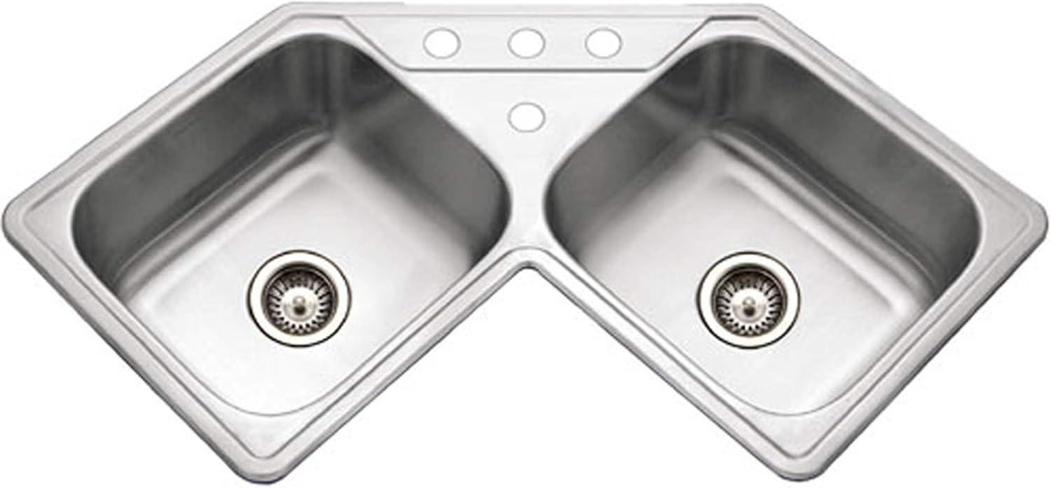Houzer 32 in Stainless Topmount 4-hole 50/50 Double Corner Kitchen Sink w/ Strainer,Grid-LCR-3221-C