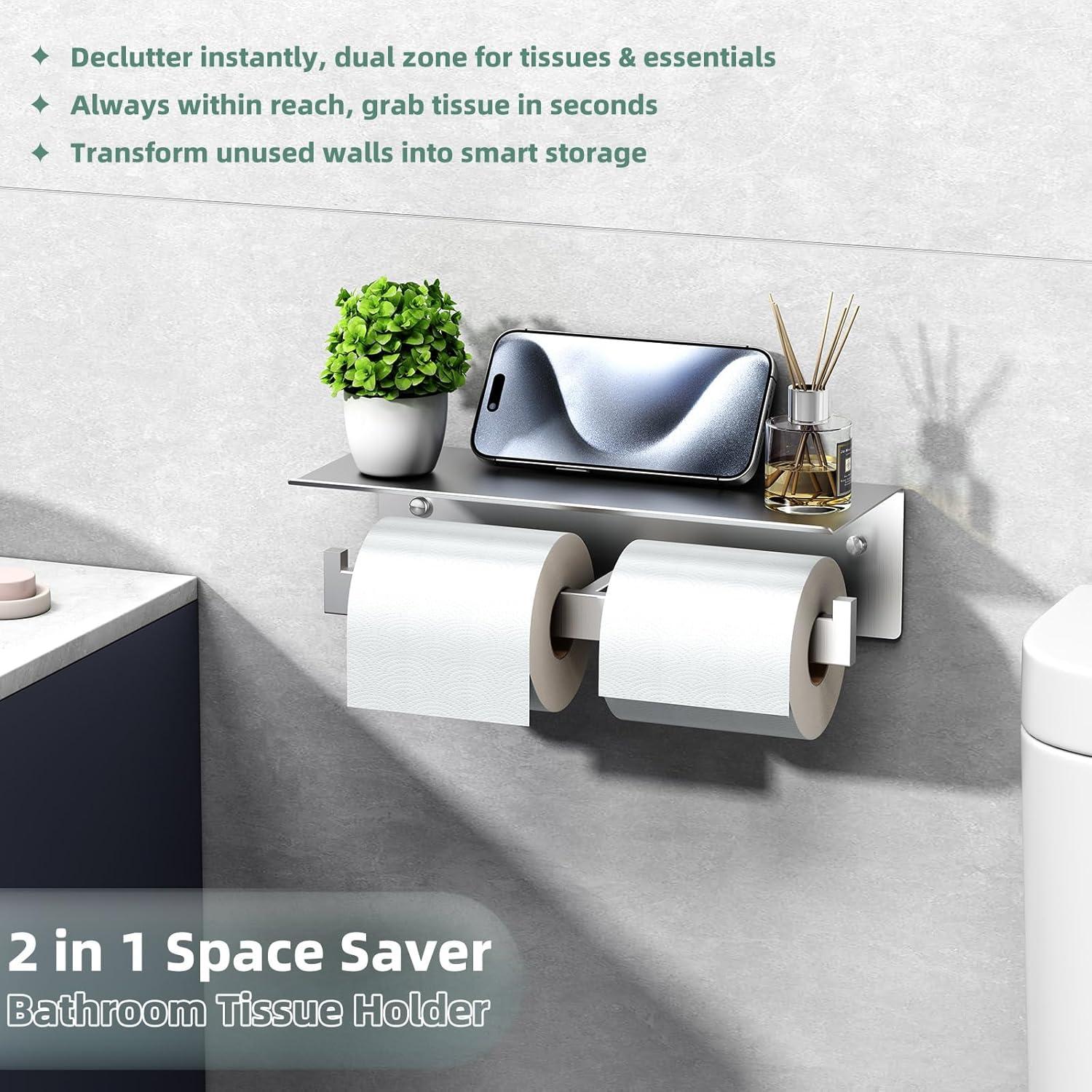 Double Toilet Paper Holder with Shelf Brushed Nickel, Modern Bathroom Accessories SUS 304 Stainless Steel Commercial Tissue Roll Dispenser Mobile Phone Storage Rack Handy Use