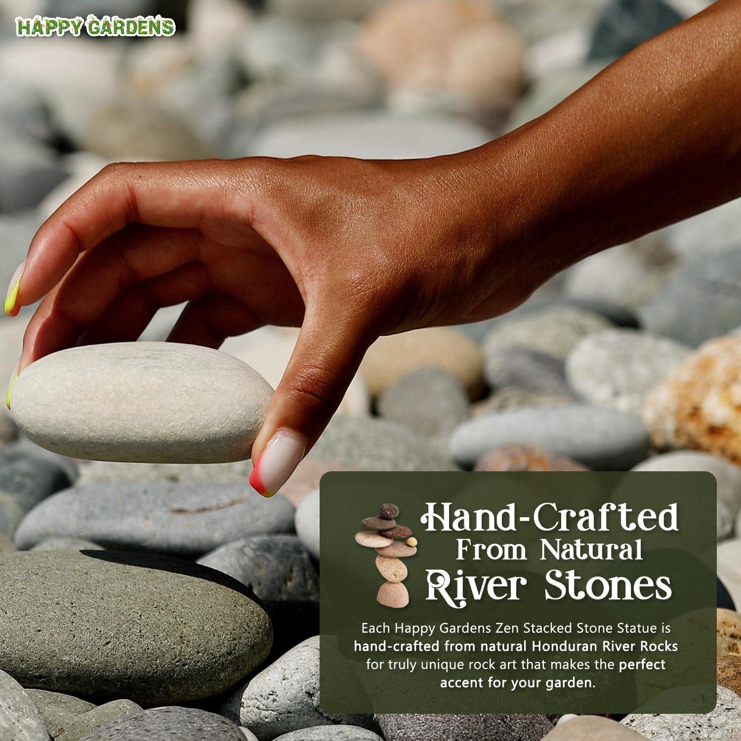 Ancient Graffiti Eight Stone Cairns Garden Sculpture – Natural River Rock Zen Yard Décor, Outdoor Stone Stack Ornament, 14"