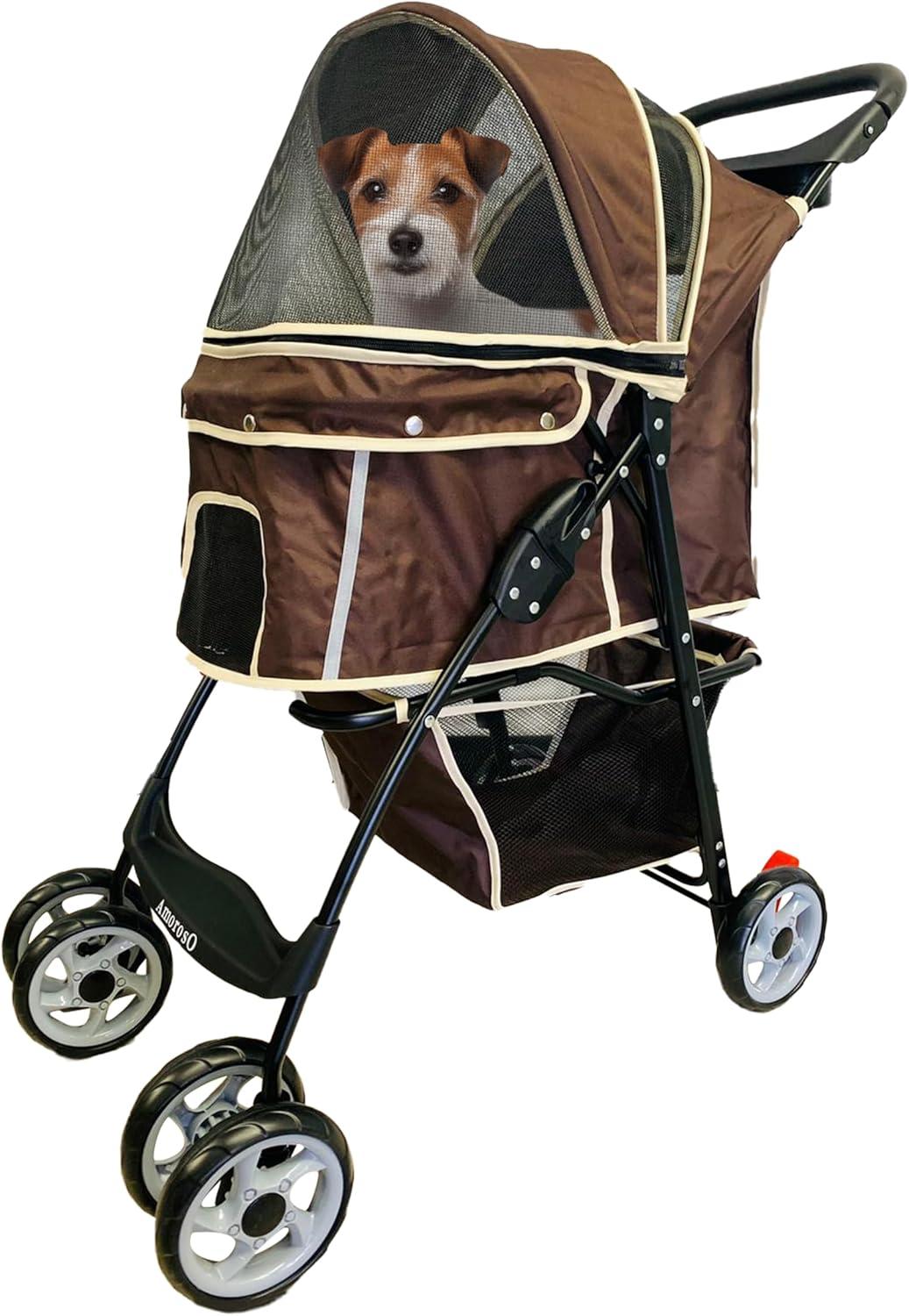 Brown and White Polyester Pet Stroller with Storage Basket