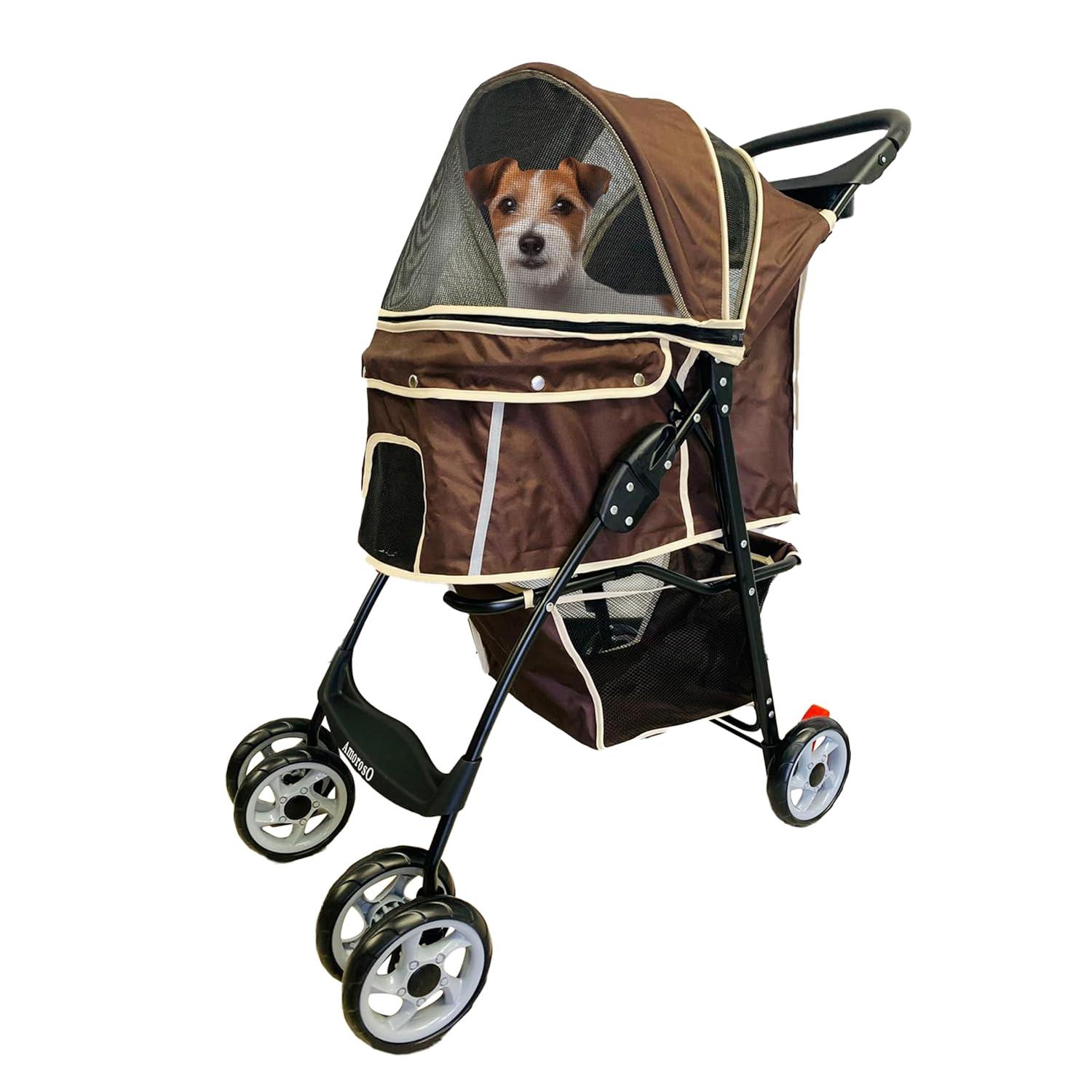 Brown and White Polyester Pet Stroller with Storage Basket