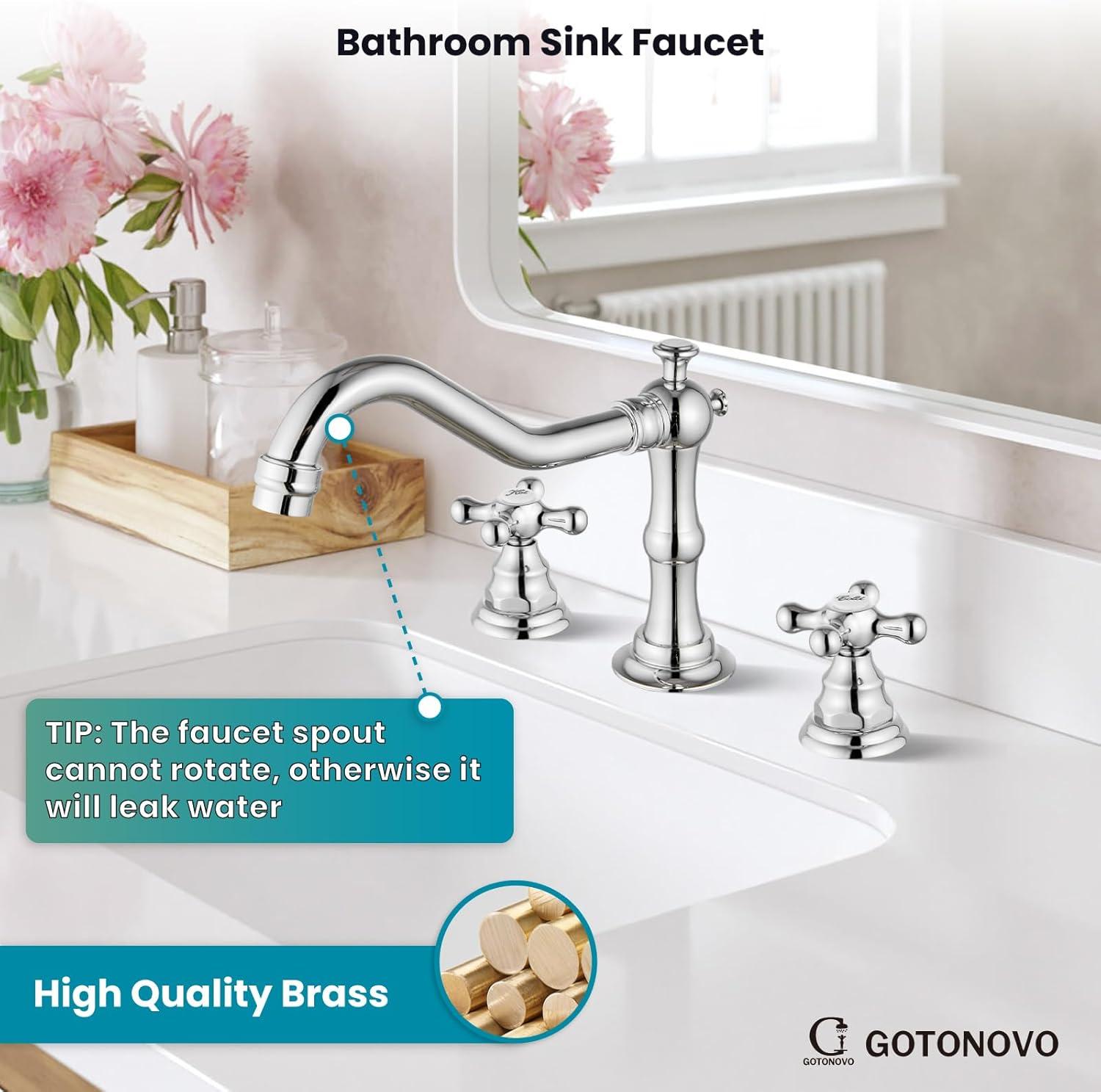 gotonovo Widespread Bathroom Sink Faucet Double Cross Knobs Polish Chrome 3 Hole Mixing Tap Deck Mount with Pop Up Drain