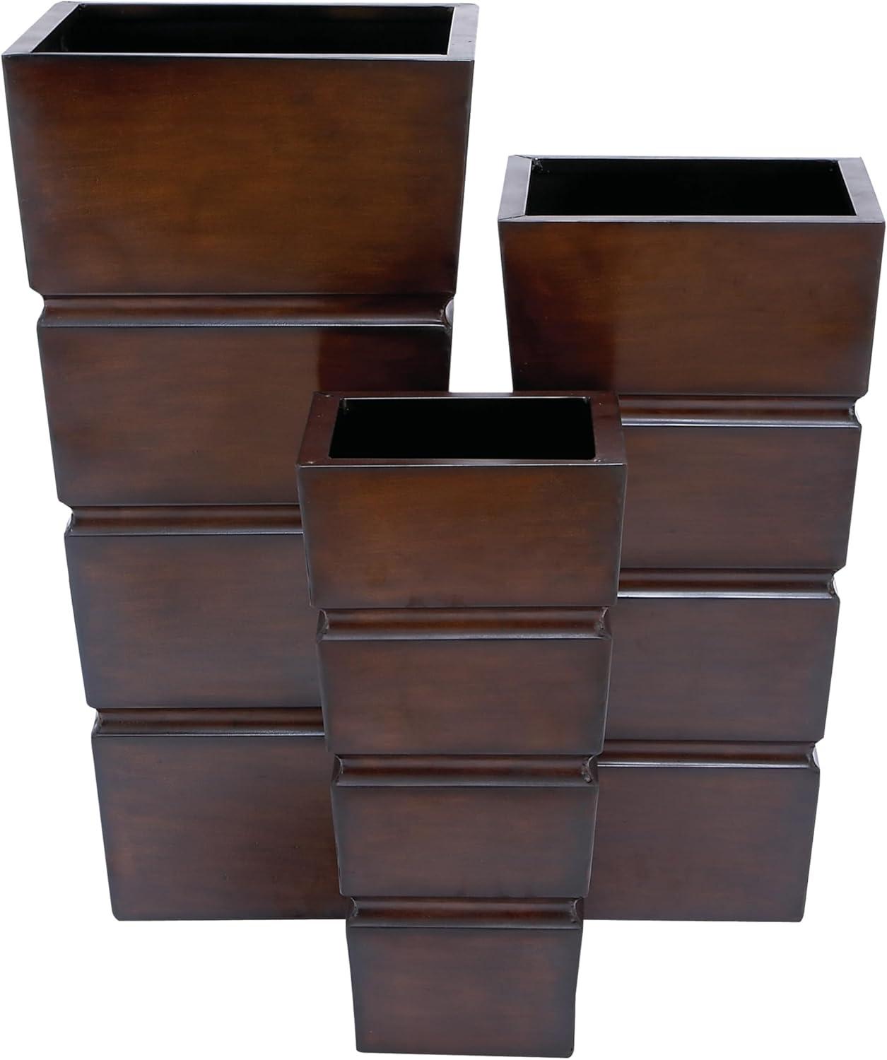 Set of 3 Brown Metal Rectangular Planters with Tapered Base