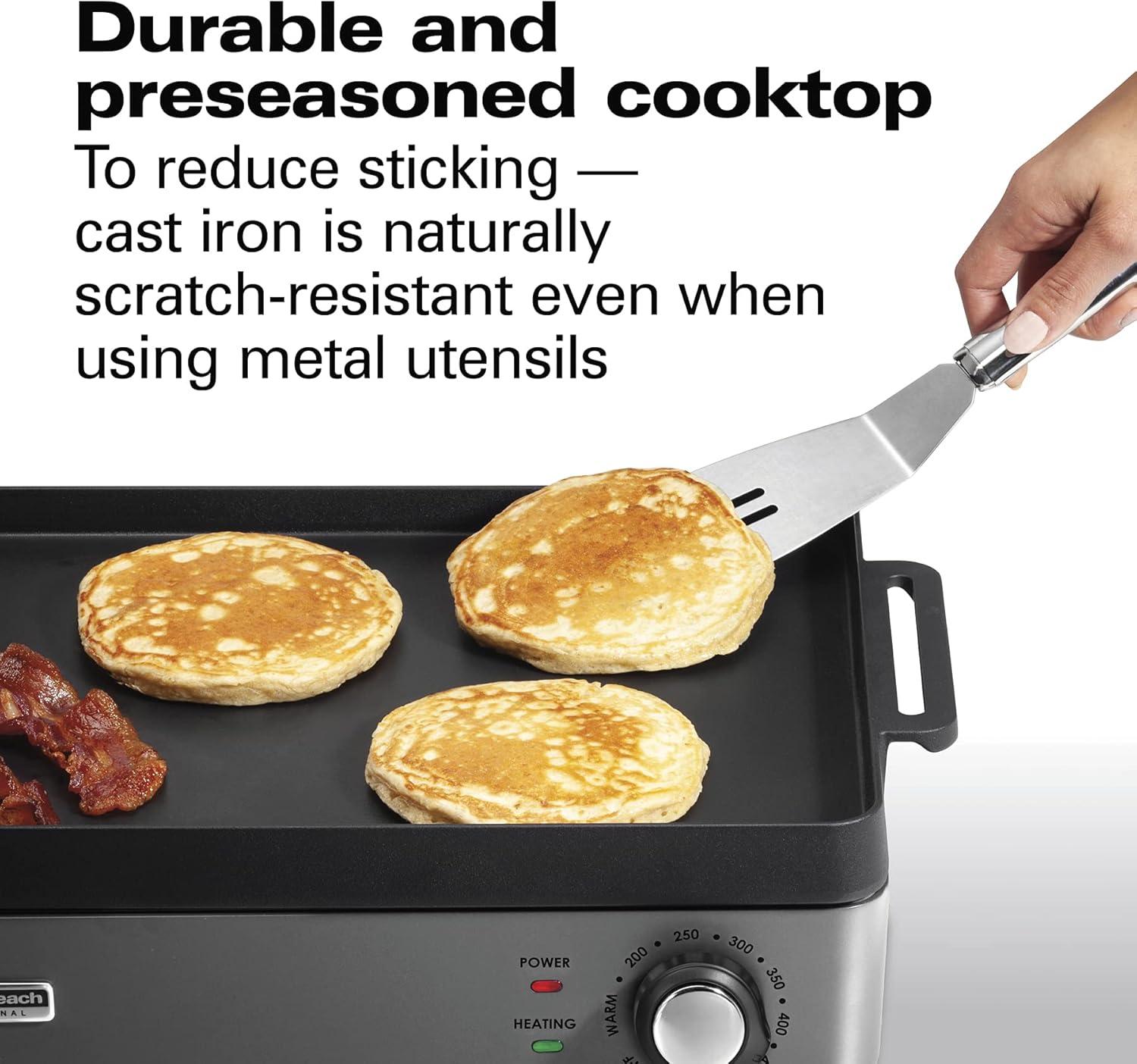 Hamilton Beach Cast Iron Griddle 38560: Electric Nonstick Flattop for Pancakes, 1800W, Hand Wash, 3-Year Warranty