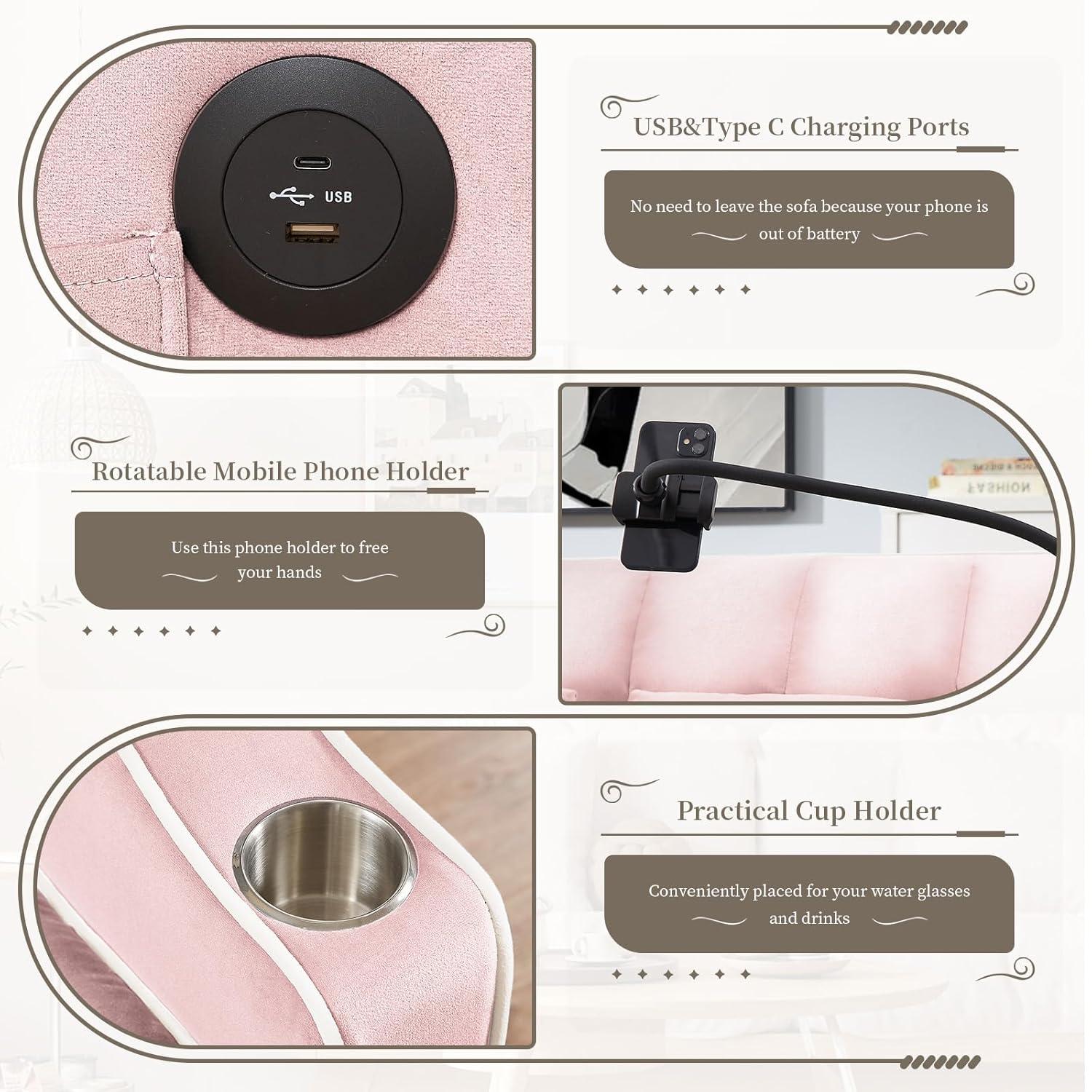 JEEOEHY 3 in 1 Convertible Sleeper Sofa Bed,Velvet Pull Out Couch Bed w USB&Type C Port,Comfy Futon Loveseat w Adjustable Backrest&Phone Stand&Cup Holder for Living Room Apartment Small Space(Pink)