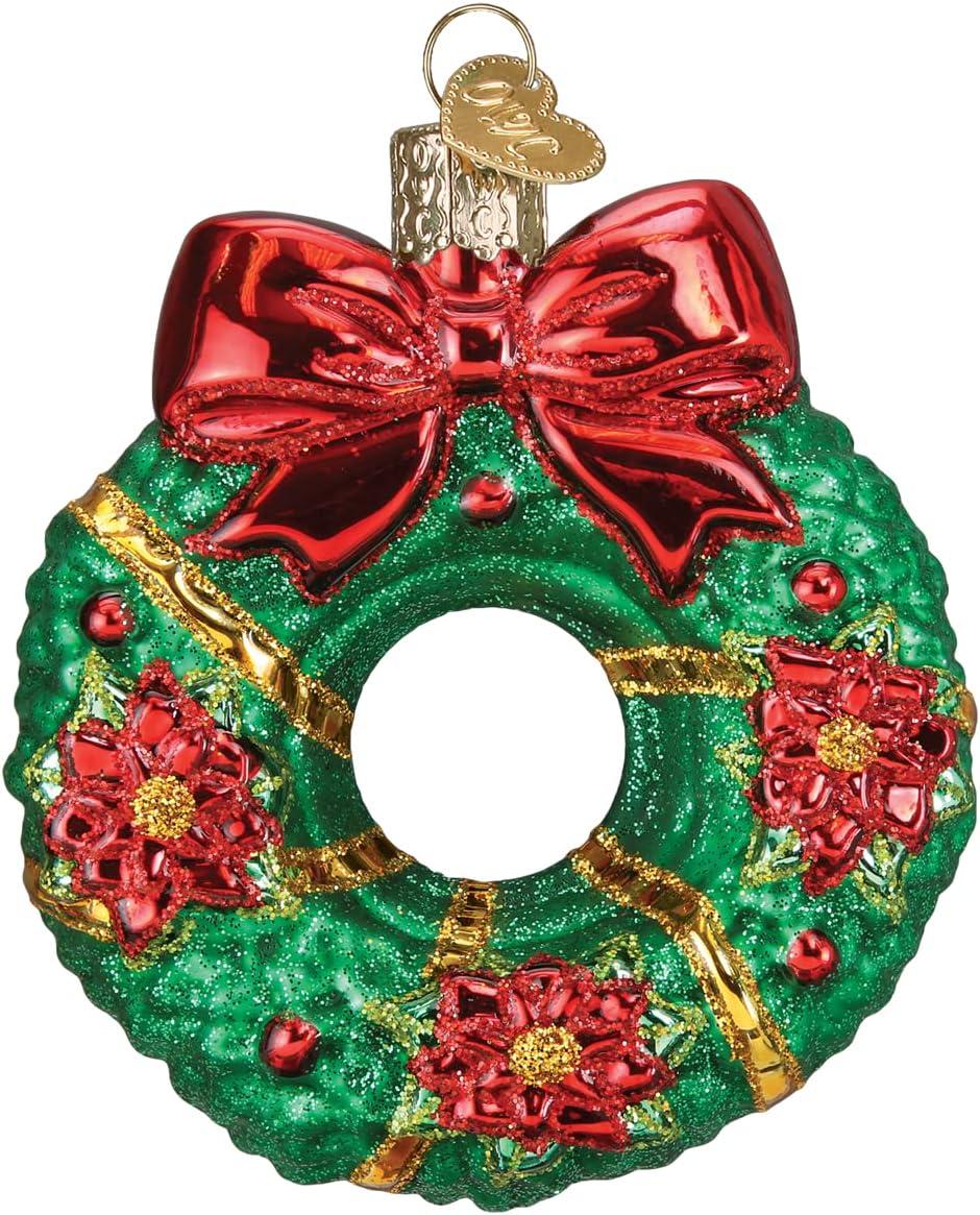 Handcrafted Glass Christmas Wreath Ornament with Red Bow