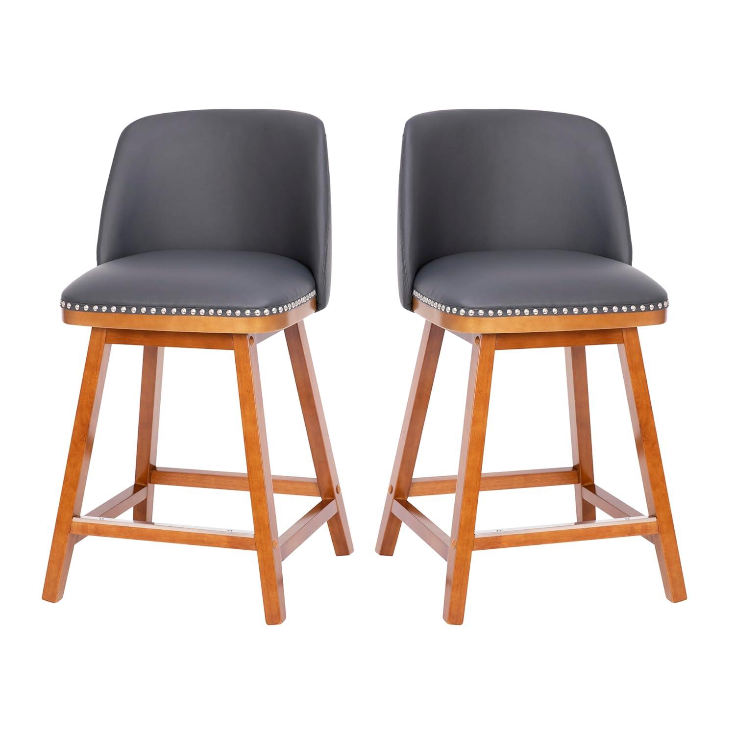 Flash Furniture 2 Pack Commercial Walnut Finish Wood Barstools with Nail Trim-Charcoal Faux Linen