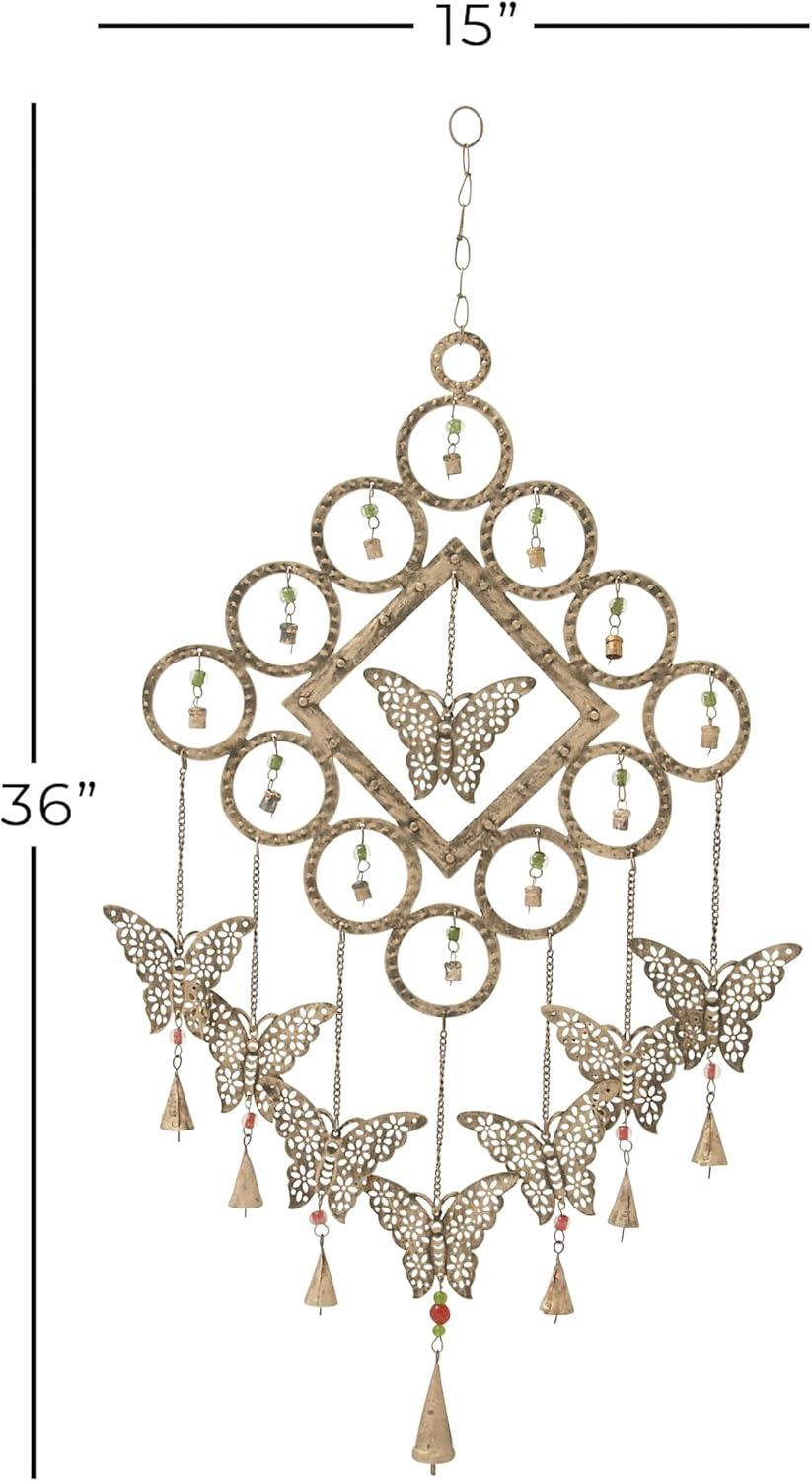 DecMode 36" Brass Metal Butterfly Windchime with Beads and Cone Bells