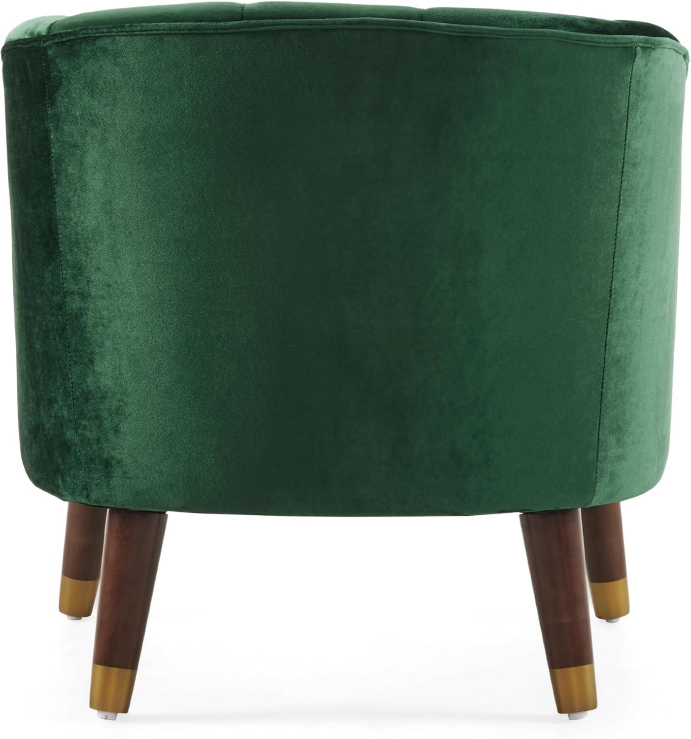 Emerald Green Velvet Barrel Accent Chair with Wood Legs