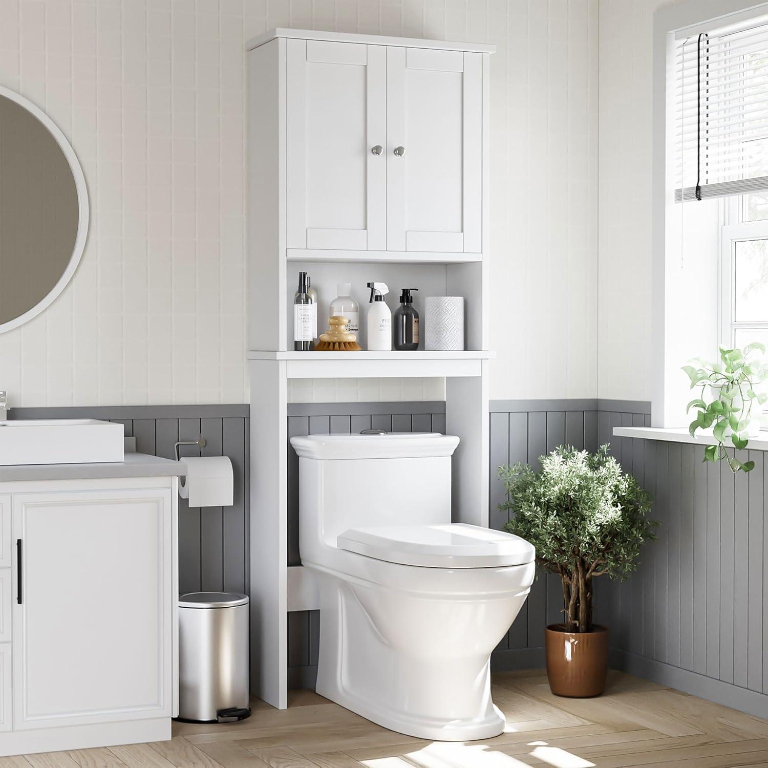 White Engineered Wood Over-the-Toilet Storage Cabinet with Adjustable Shelf