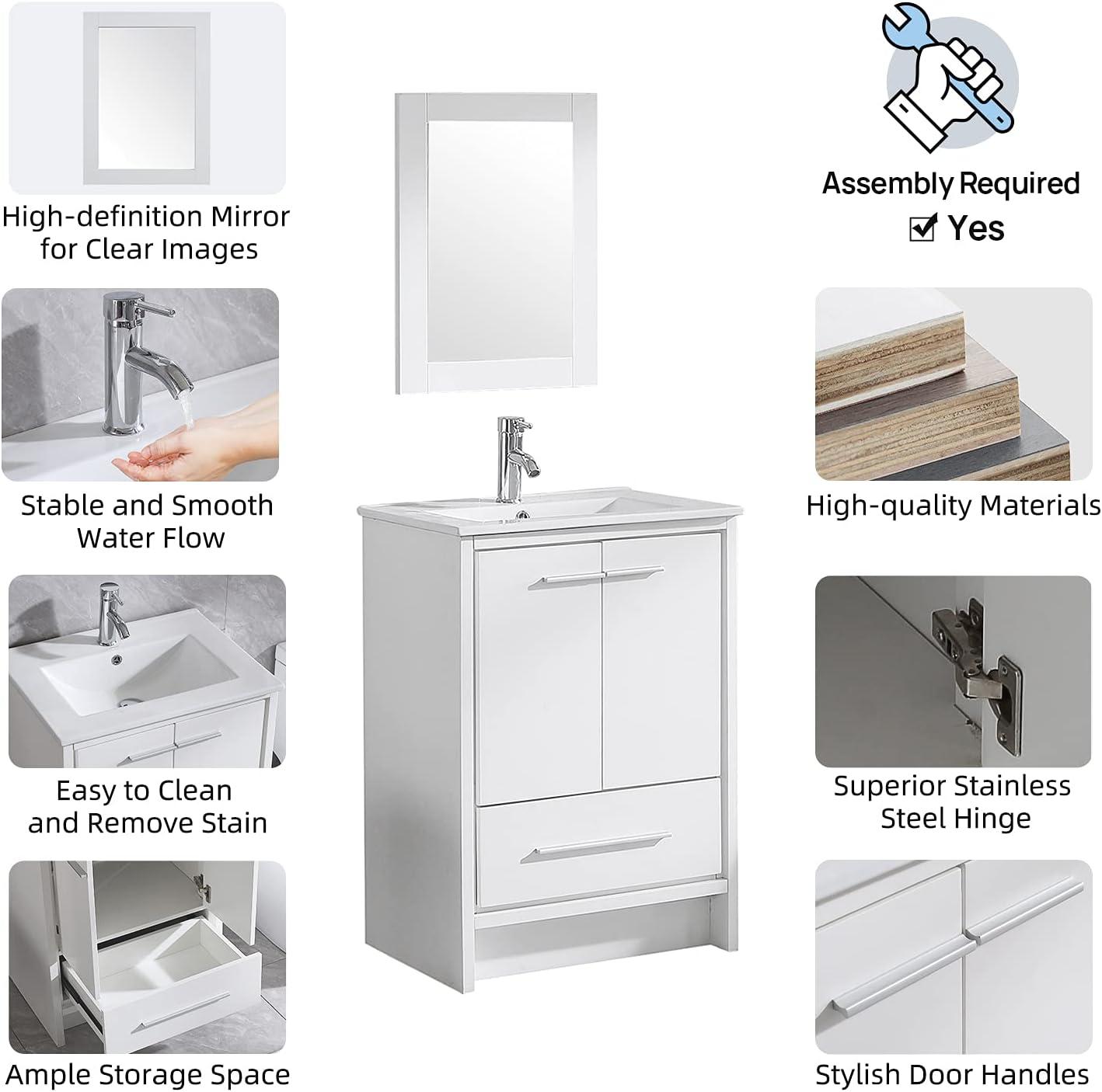 24-Inch White MDF Bathroom Vanity with Ceramic Sink and Mirror