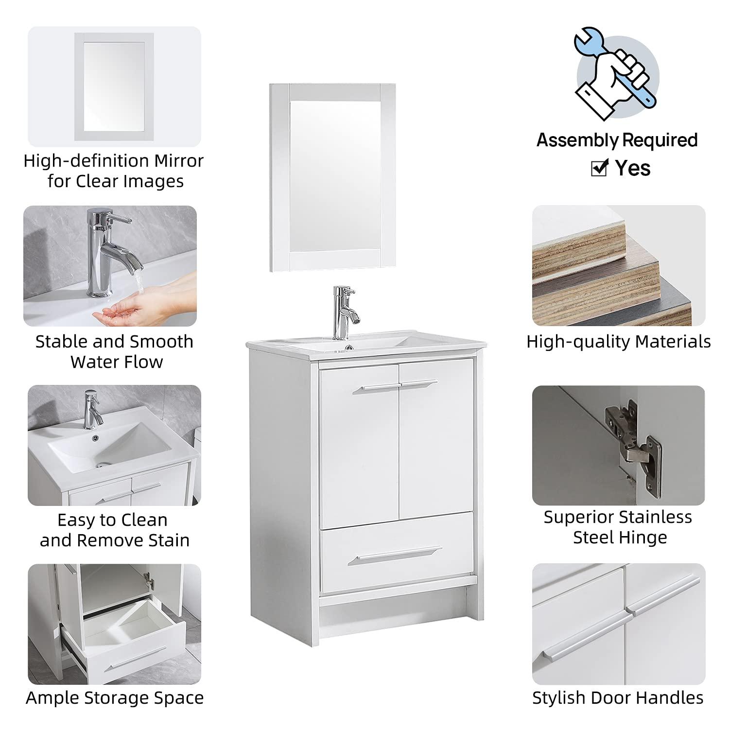 24" Bathroom Vanity and Sink Combo Cabinet Undermount Ceramic Vessel Sink Chorme Faucet Drain with Mirror Vanities Set