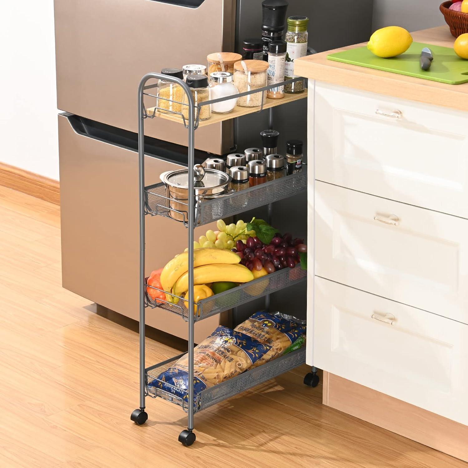 Slim 4-Tier Gray Metal Rolling Cart with Wooden Top