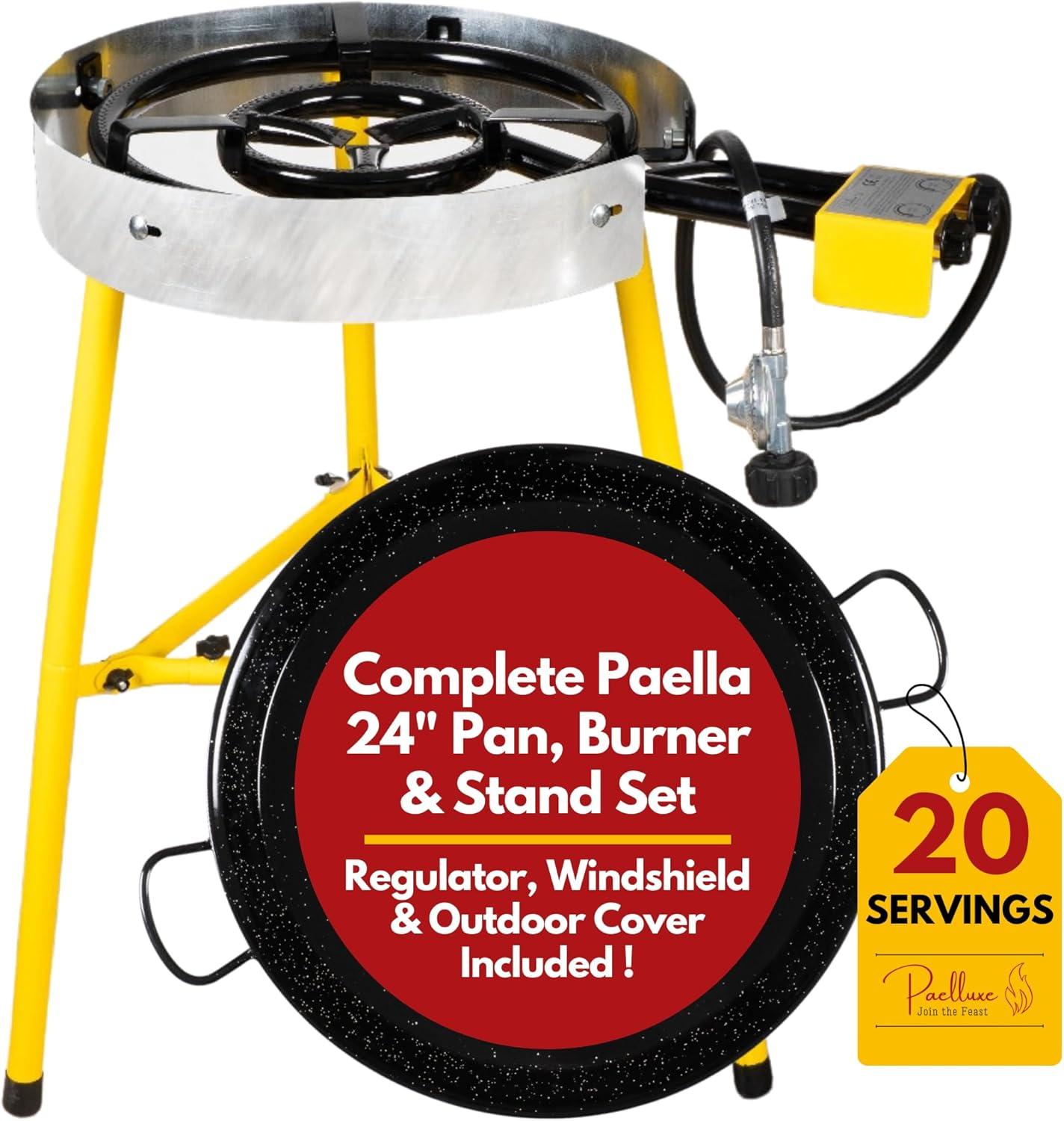 Paelluxe Paella Burner and Stand Set 20 Servings, 24 Inch Paella Pan, Dual Propane Outdoor Stove with Stand & Regulator, Portable Gas Cooker for Camping Crawfish Boil Cooking Outdoor, Paellera Propano