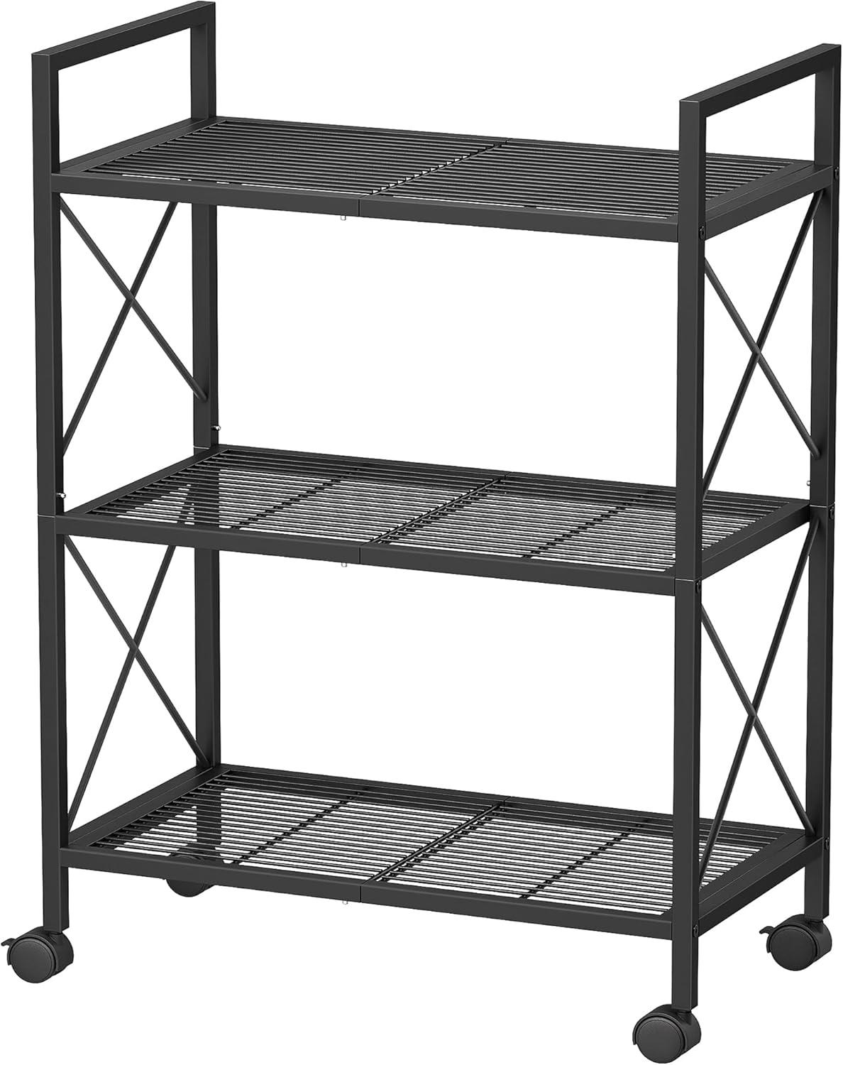 SONGMICS 3-Tier Metal Storage Rack with Wheels, Mesh Shelving Unit with X Side Frames, Black