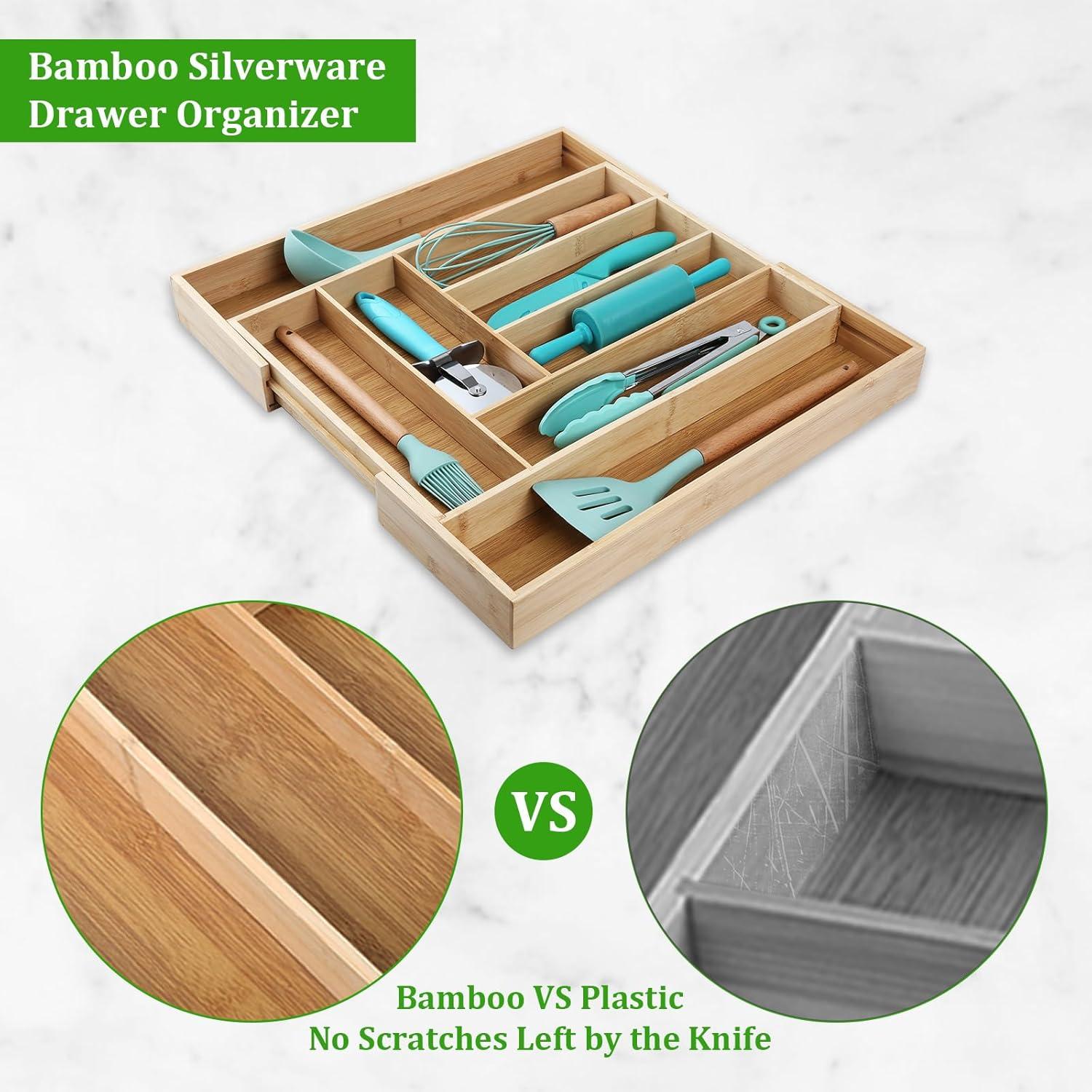 Kitchentrend Bamboo Expandable Drawer Organizer 6-8 Slot Kitchen Organizer Utensil Tray for Drawers 19.3x17.52x2.2 Inches