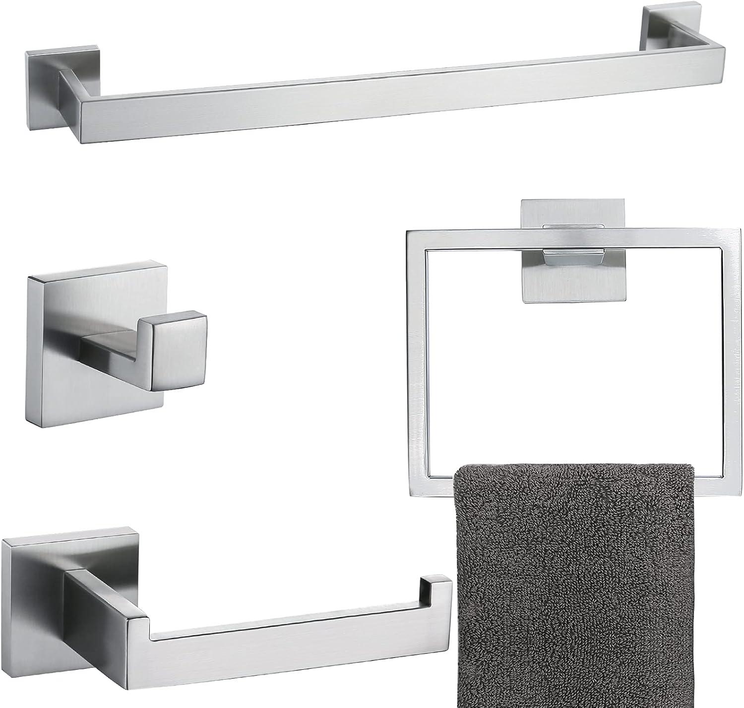 Brushed Nickel 4-Piece Stainless Steel Square Bathroom Hardware Set