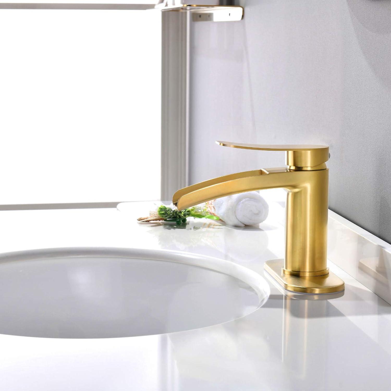 Waterfall Bathroom Sink Faucet Single Handle, with 4-Inch Deck Plate & Metal Pop Up Drain Assembly by phiestina Gold