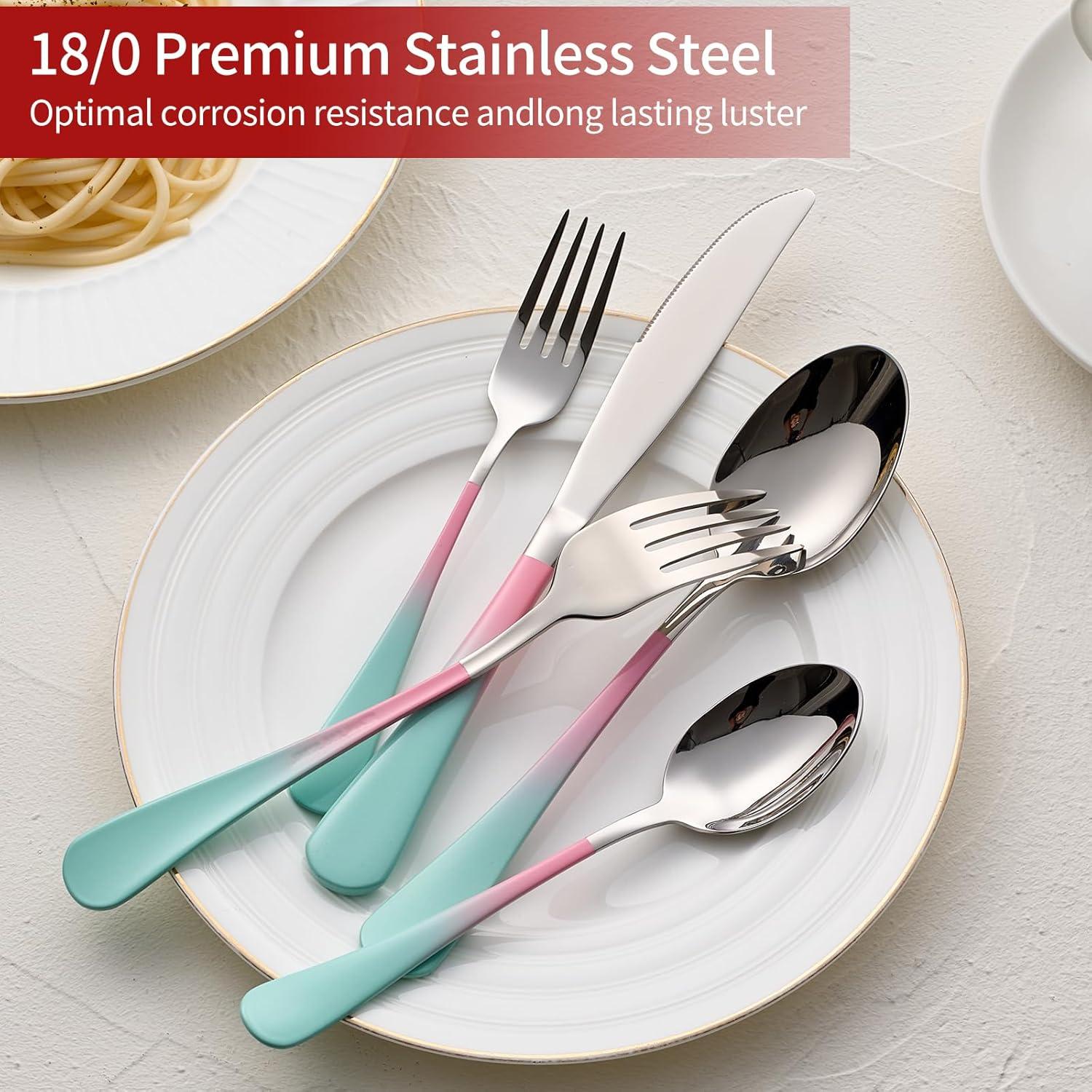 20-Pieces color Silverware Sets for 4,Pink and Green Handle Stainless Steel Cutlery Set, Include Forks Spoons and Knives Set, Dishwasher Safe Utensil Sets for Home Restaurant