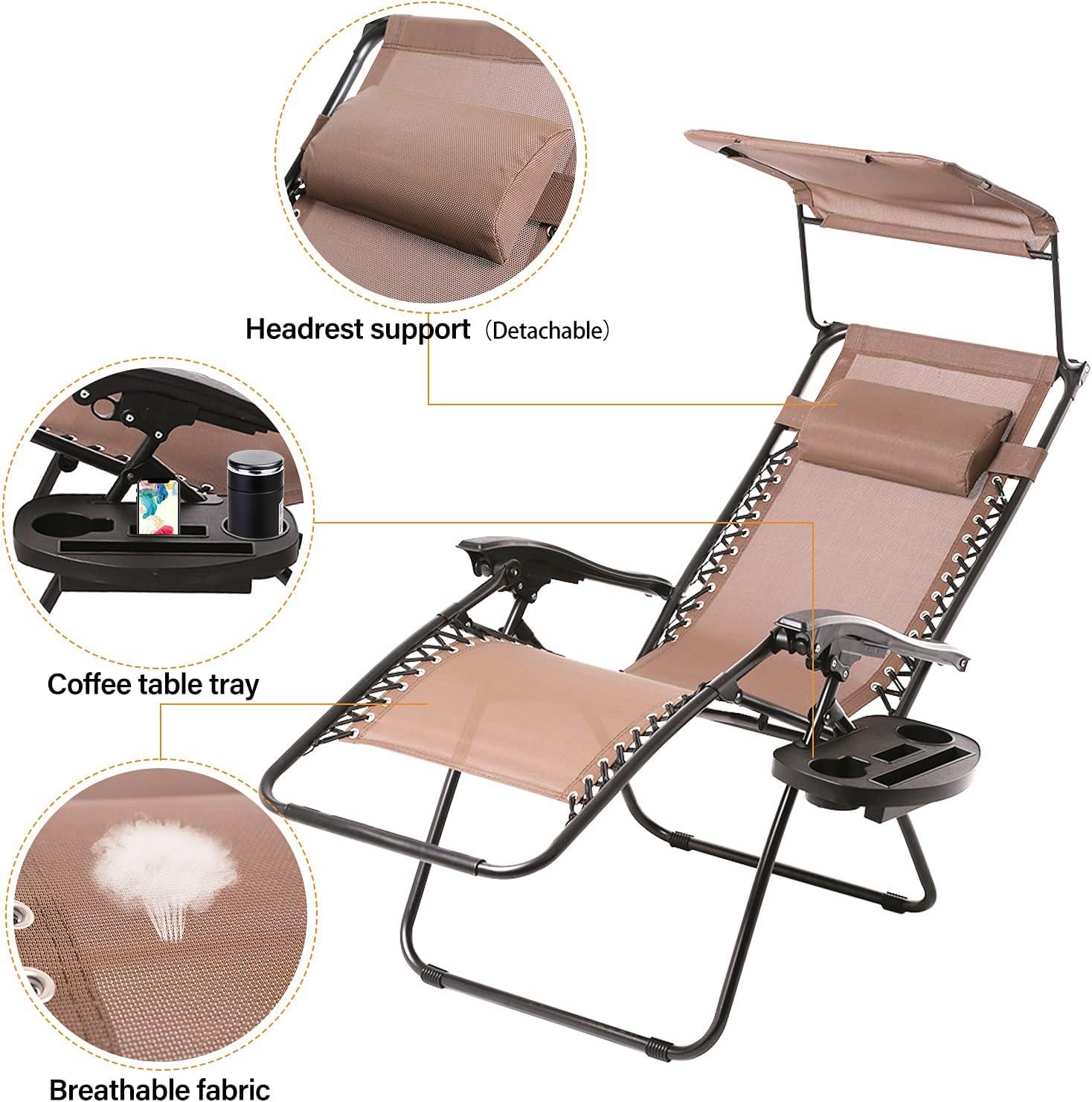 BestMassage Patio Chairs Lounge Chair Zero Gravity Chair 2 Pack Recliner W/Folding Canopy Shade and Cup Holder for Outdoor Funiture