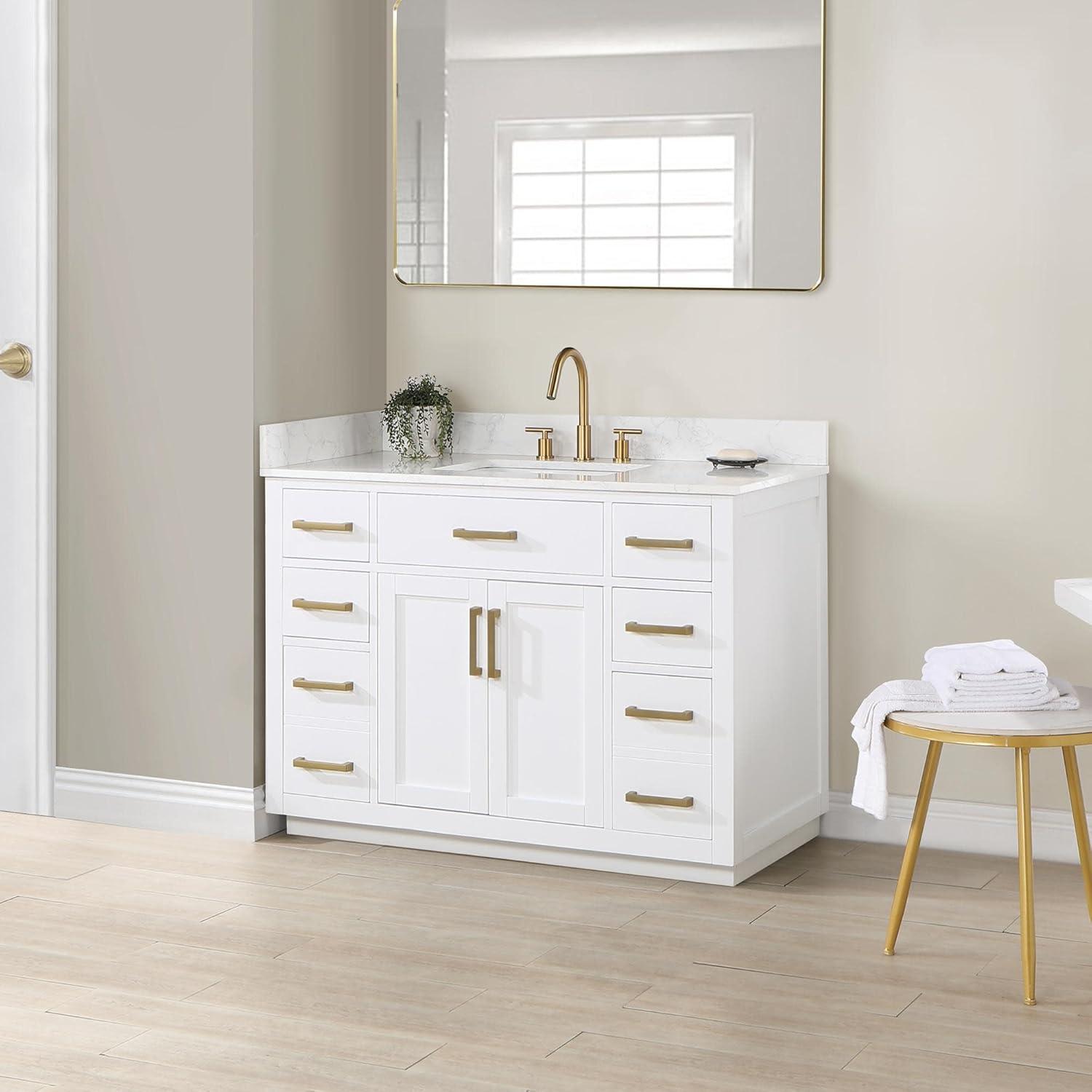 Gavino 48" Wood Vanity in White with Grain White Composite Stone Top no Mirror