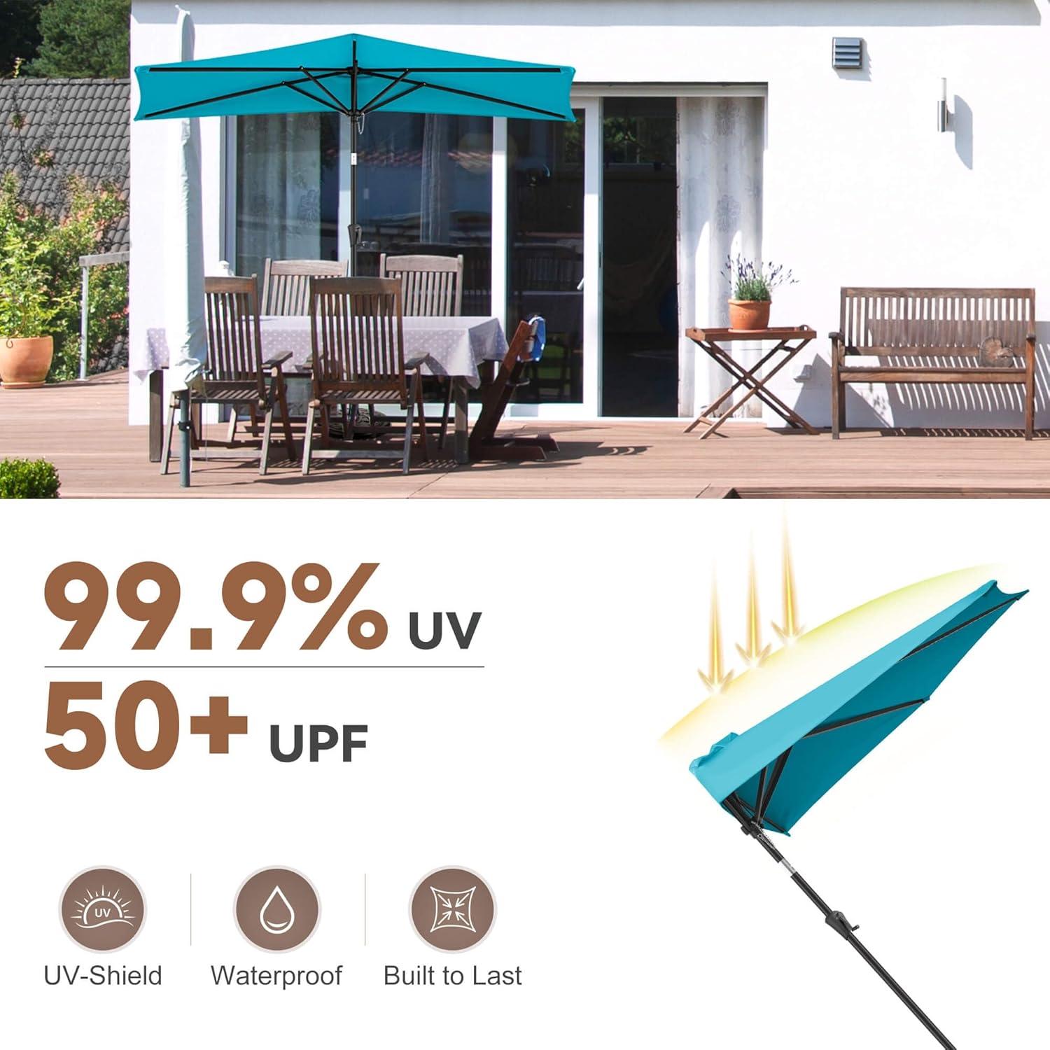 FLAME&SHADE 9 ft Half Round Solar Powered Outdoor Market Patio Table Umbrella for Wall Balcony with LED Lights and Tilt, Aqua Blue