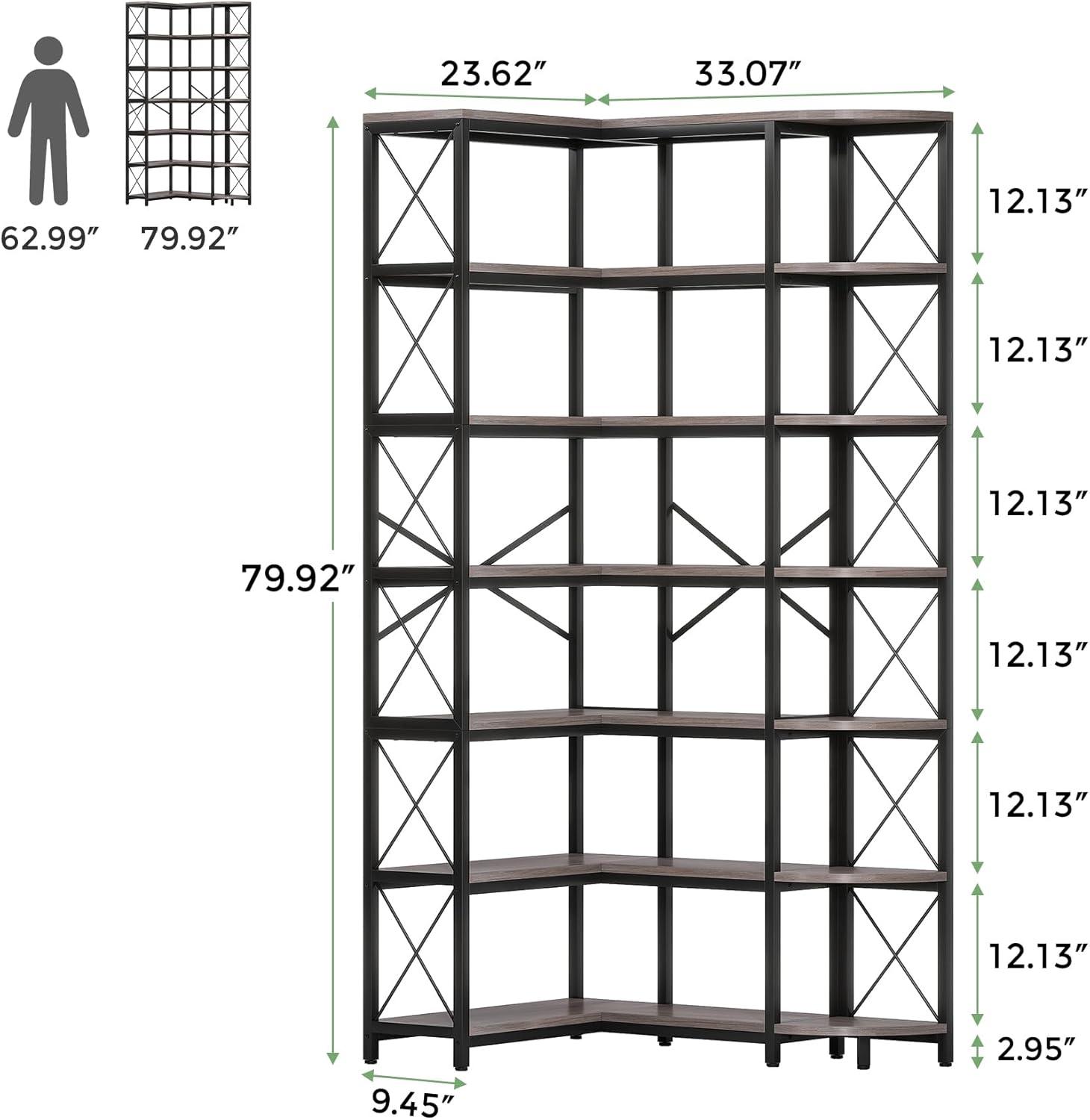 Gray Brown 7-Tier Industrial Corner Bookshelf with Metal Frame