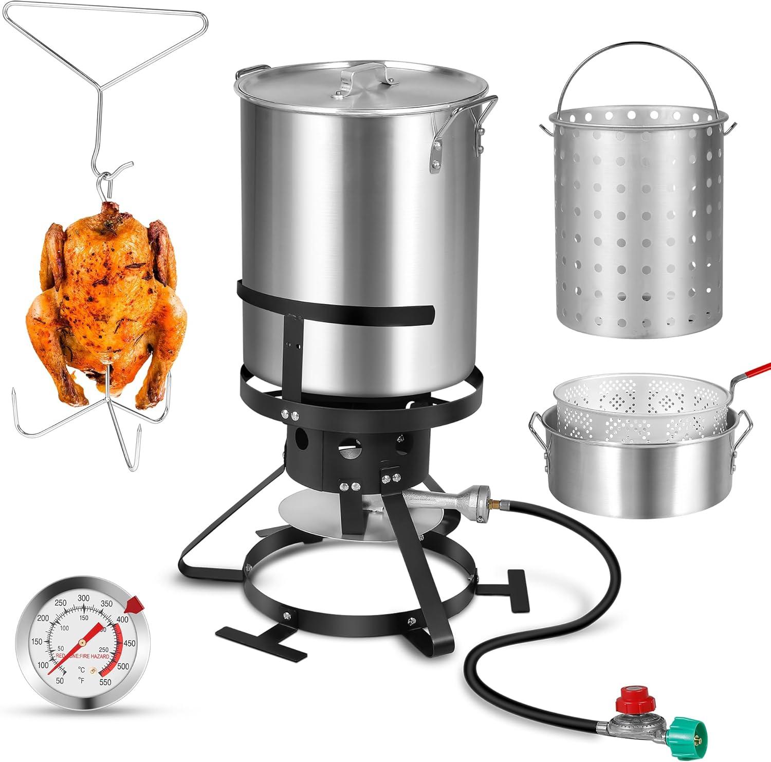 30 Qt Turkey Deep Fryer & 10QT Fish Fryer Kit w/Baskets,Aluminum Fish & Seafood Boiler Steamer with 54,000 BTU Propane Gas Burner Stand Injector Thermometer Hose