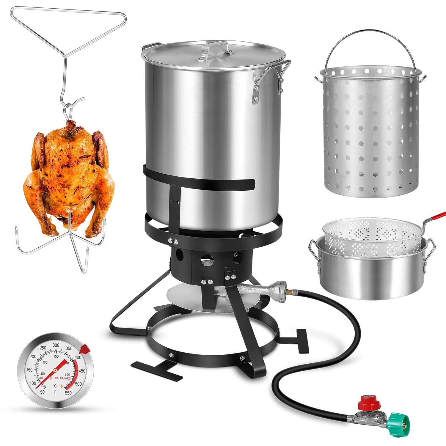 Outvita 30 Qt Turkey Deep Fryer & 10QT Fish Fryer Kit w/Baskets,Aluminum Fish & Seafood Boiler Steamer with 54,000 BTU Propane Gas Burner Stand Injector Thermometer Hose, Ideal for Outdoor Fry