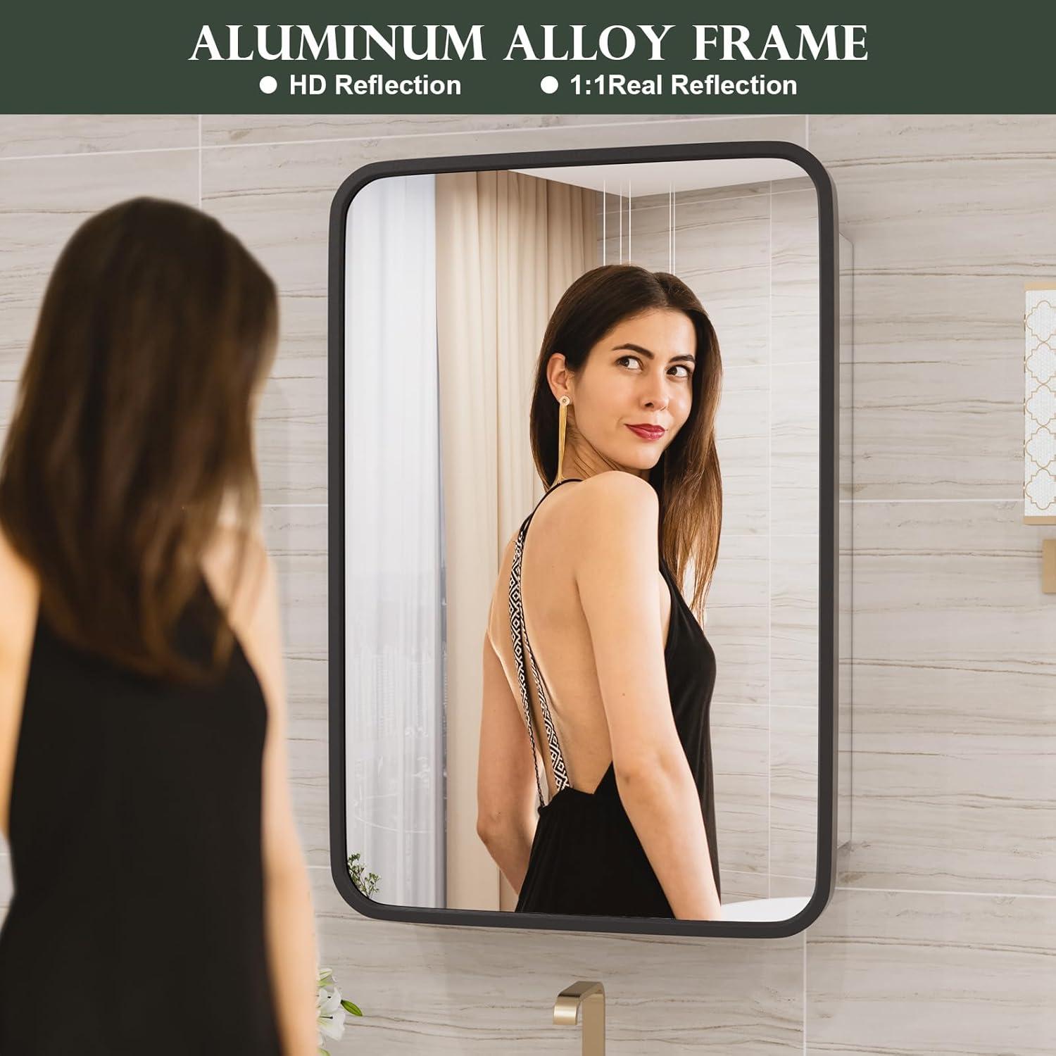 Bathroom Medicine Cabinet With Mirror, 16X24 Inch Gold Recessed Medicine Cabinet With Round Corner Aluminum Alloy Metal Framed, Single Door Modern Medicine Cabinet With Storage