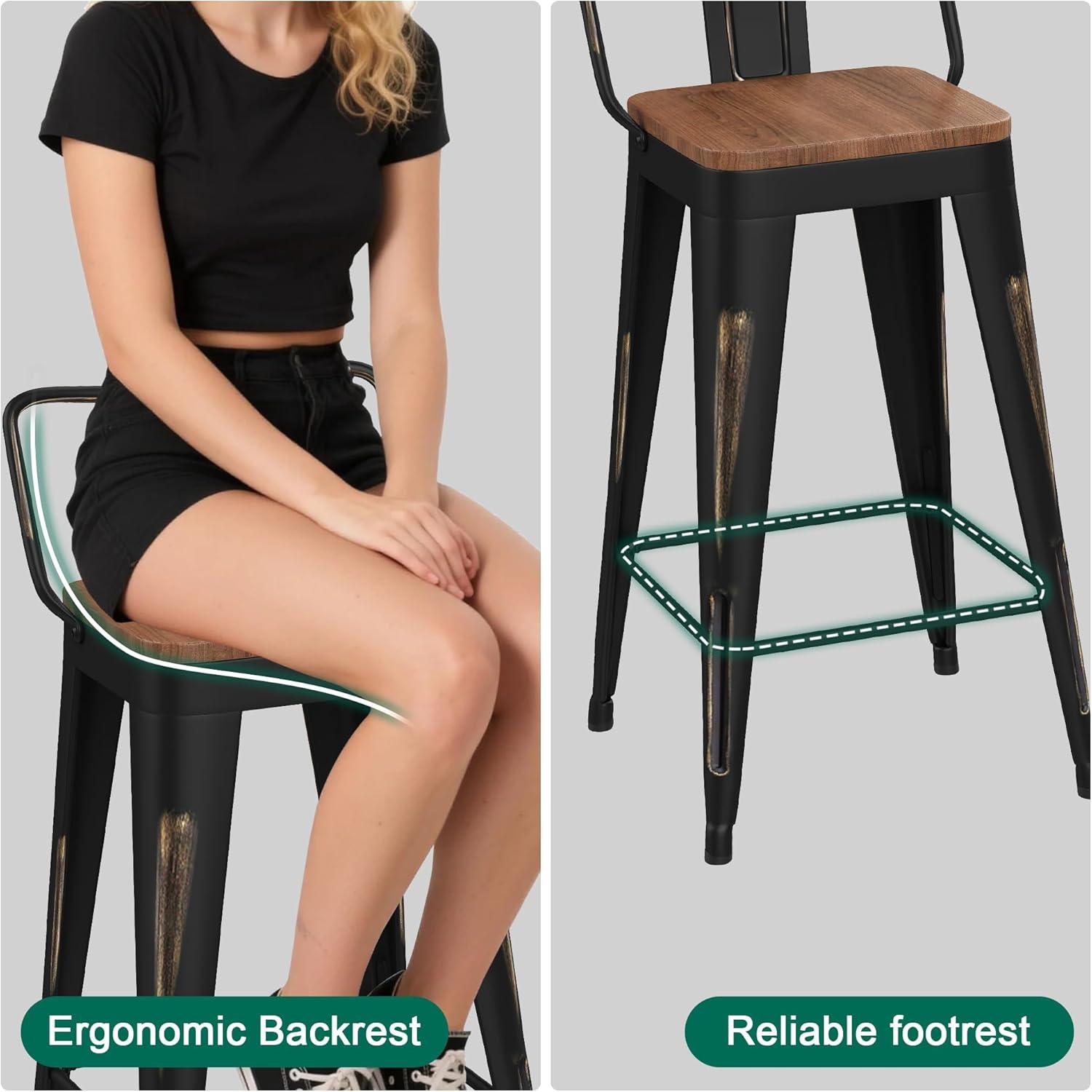 Bar Stools Set of 4 Metal Bar Stool Counter Height Bar Stools 26" Black Modern Bar Chairs with Back and Wooden Seat Bar Stools Counter Height