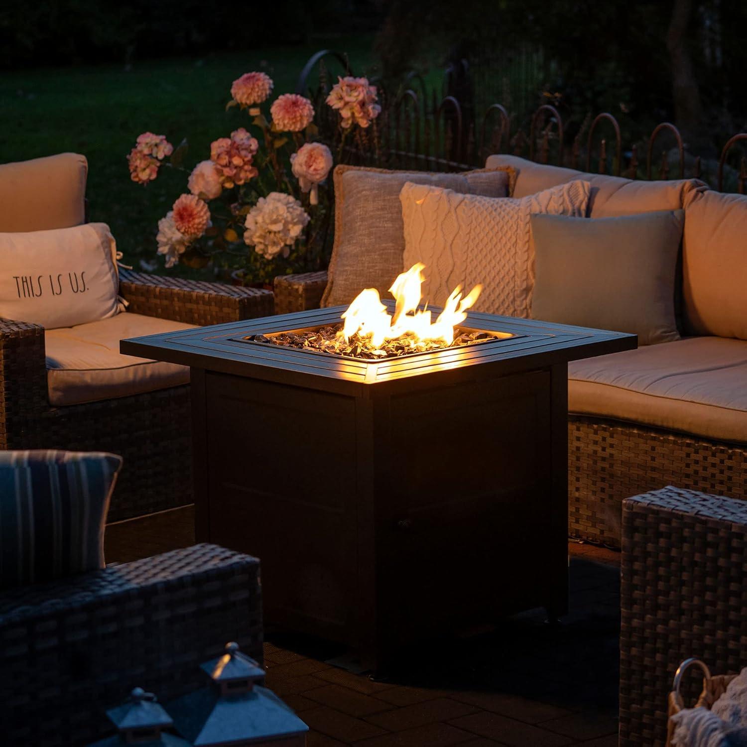 Sleek 30" Square Slate Finish Gas Fire Pit Table with Steel Mantel