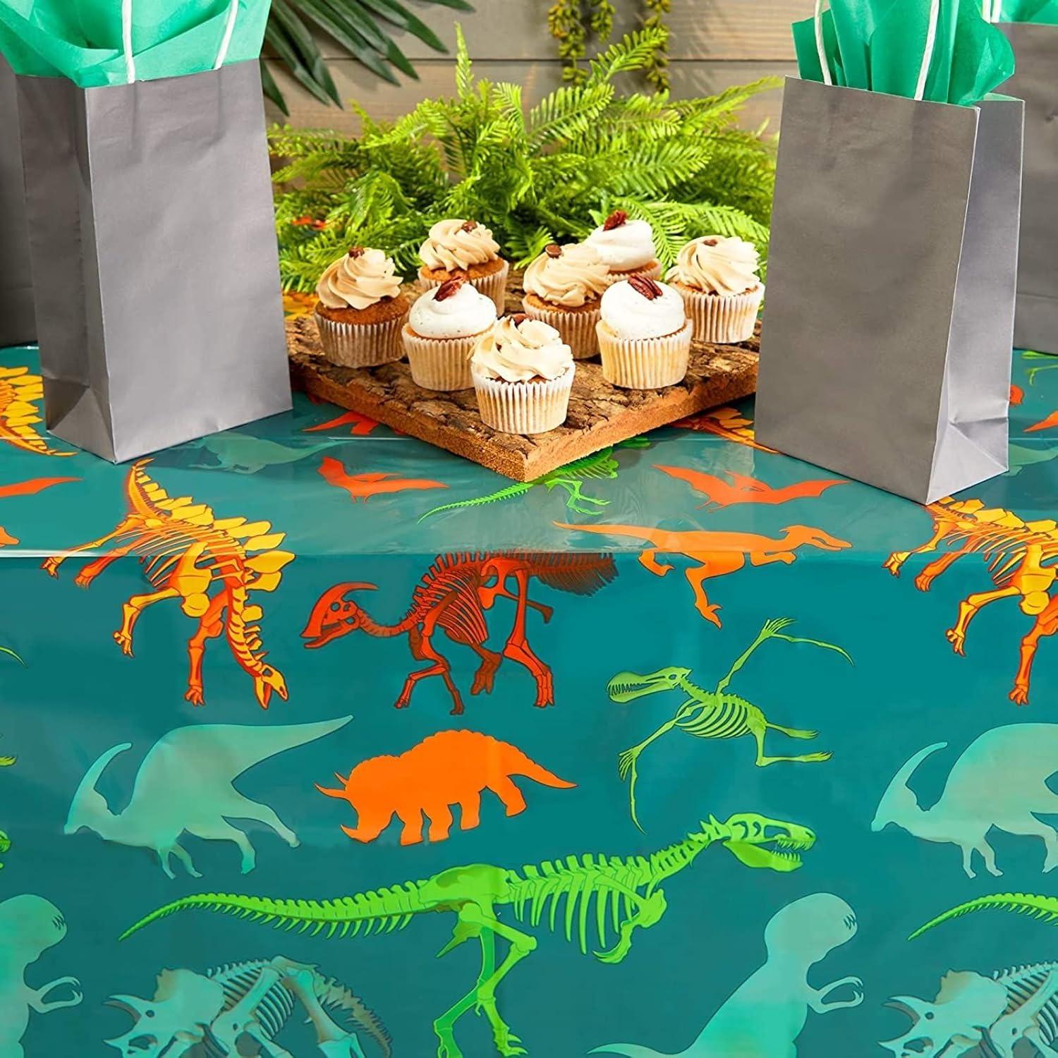 Blue Panda 3 Pack Dinosaur Tablecloth for Birthday Party Supplies, Classroom Party, Disposable Table Cover, Green (54 x 108 In)
