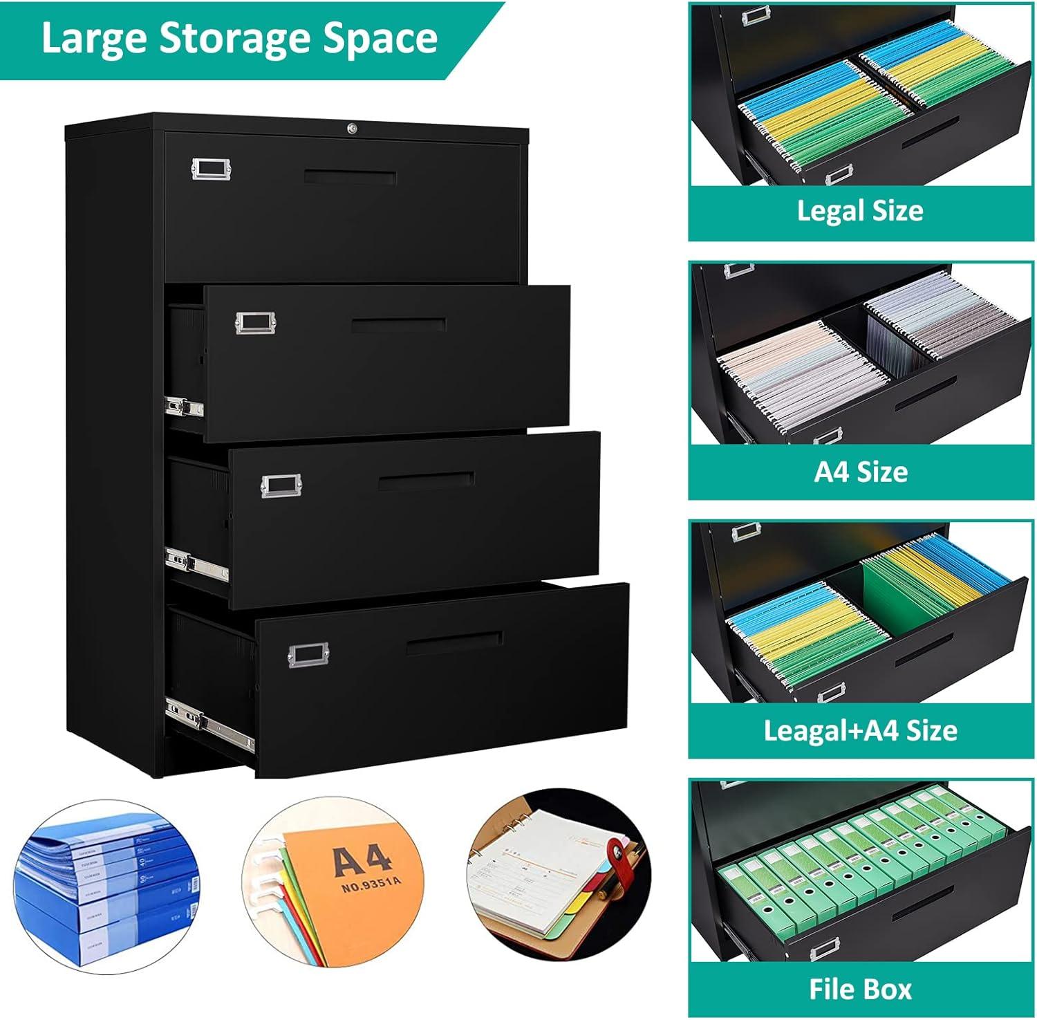 Letaya File Cabinets,4 Drawer Metal Lateral Filing Organization Storage Cabinets with Lock,Home Office for Hanging Files Letter/Legal/F4/A4 Size (Require Assembly)