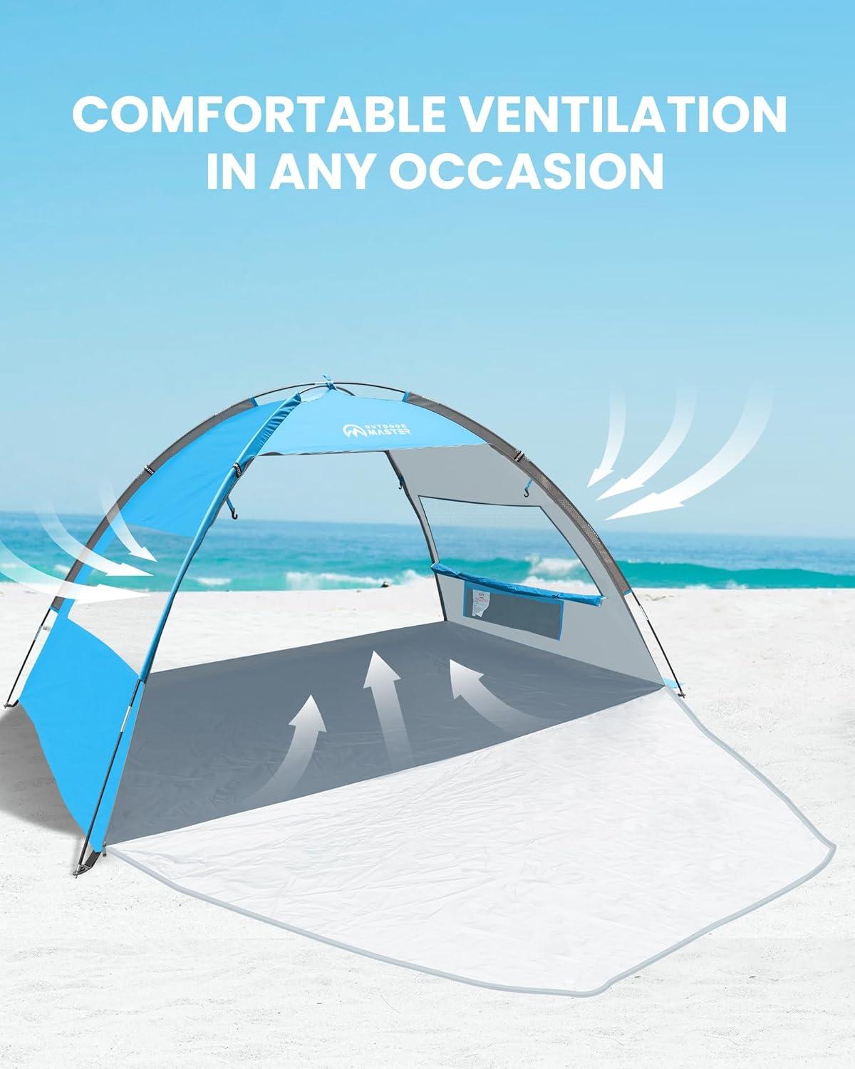 OutdoorMaster Beach Tent Sun Shelter with 2 Ventilated Doors, UPF50+ Easy Setup Beach Tent Canopy for 3 Person, Lightweight & Portable Family Beach Umbrellas for Sand with Carrying Bag - Blue