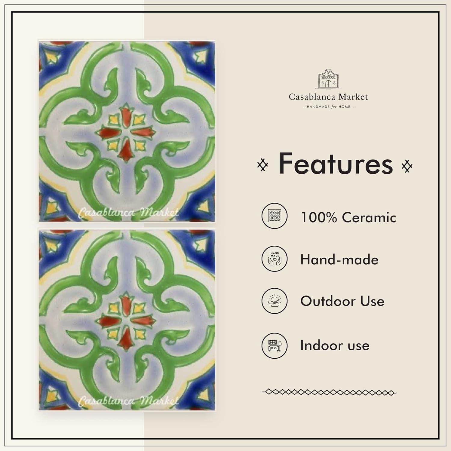 Casablanca Market MT015 Mediterranean Ceramic Valencia Decorative Tile, Blue/Green