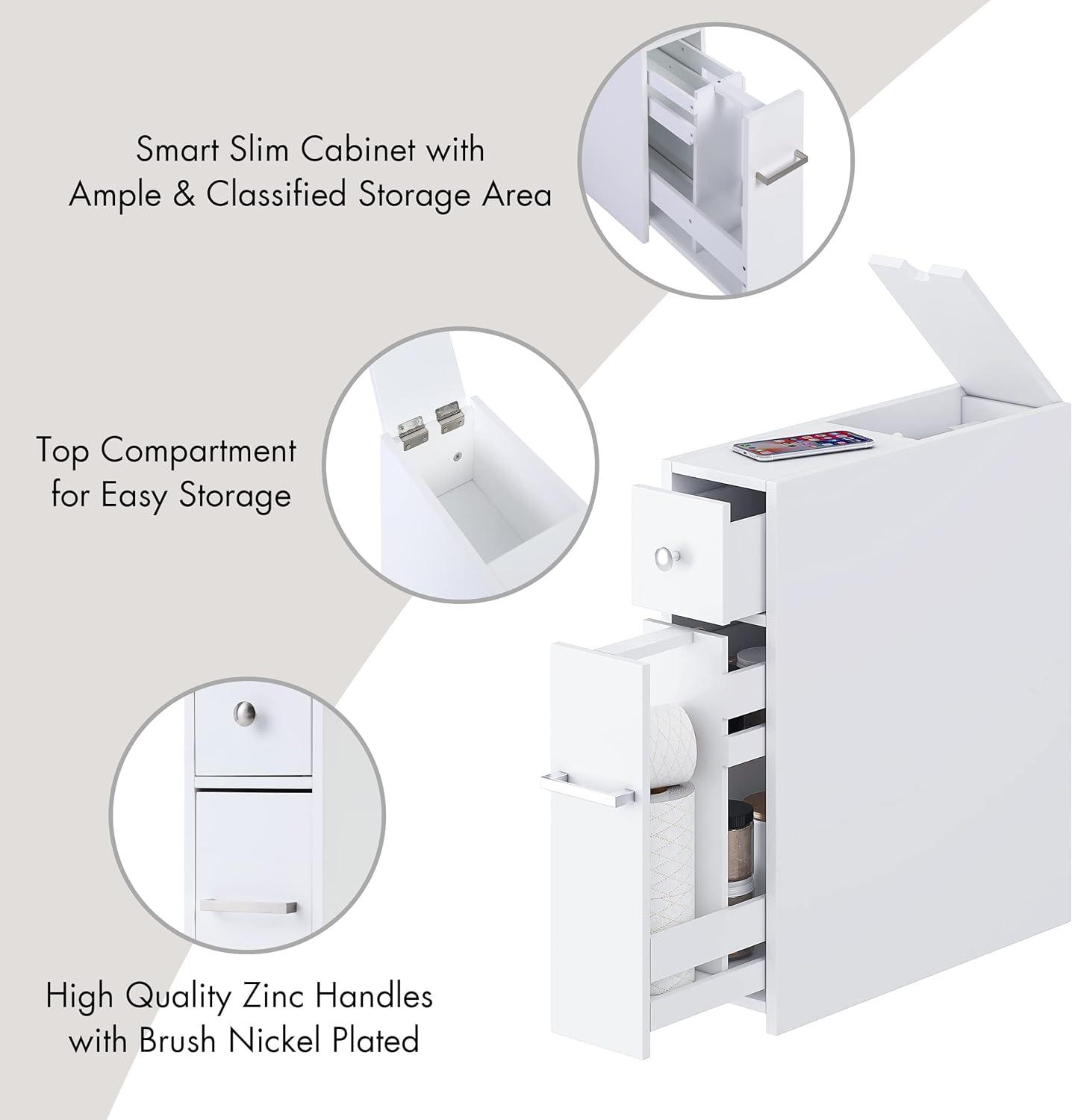 Spirich Slim Bathroom Storage Cabinet, Free Standing Toilet Paper Holder, Bathroom Cabinet Slide Out Drawer Storage,White