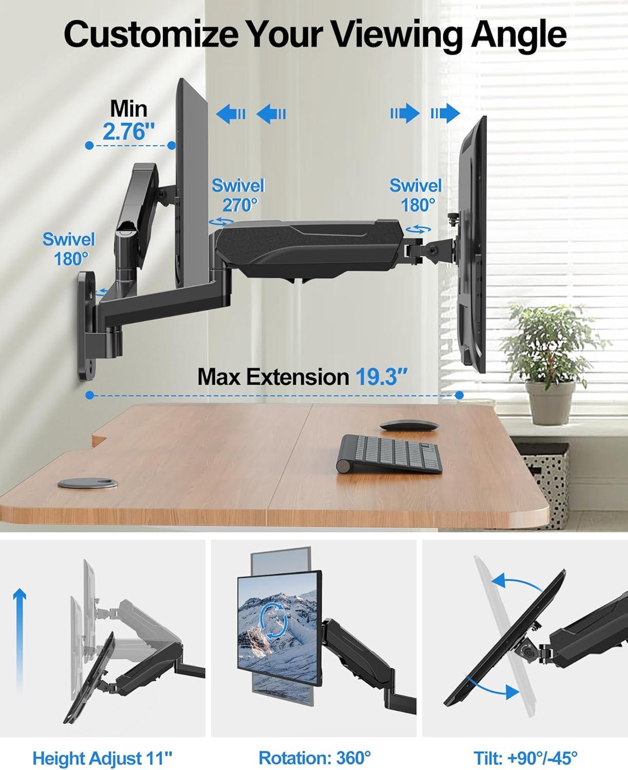 Black Dual Monitor Wall Mount with Gas Spring Arms