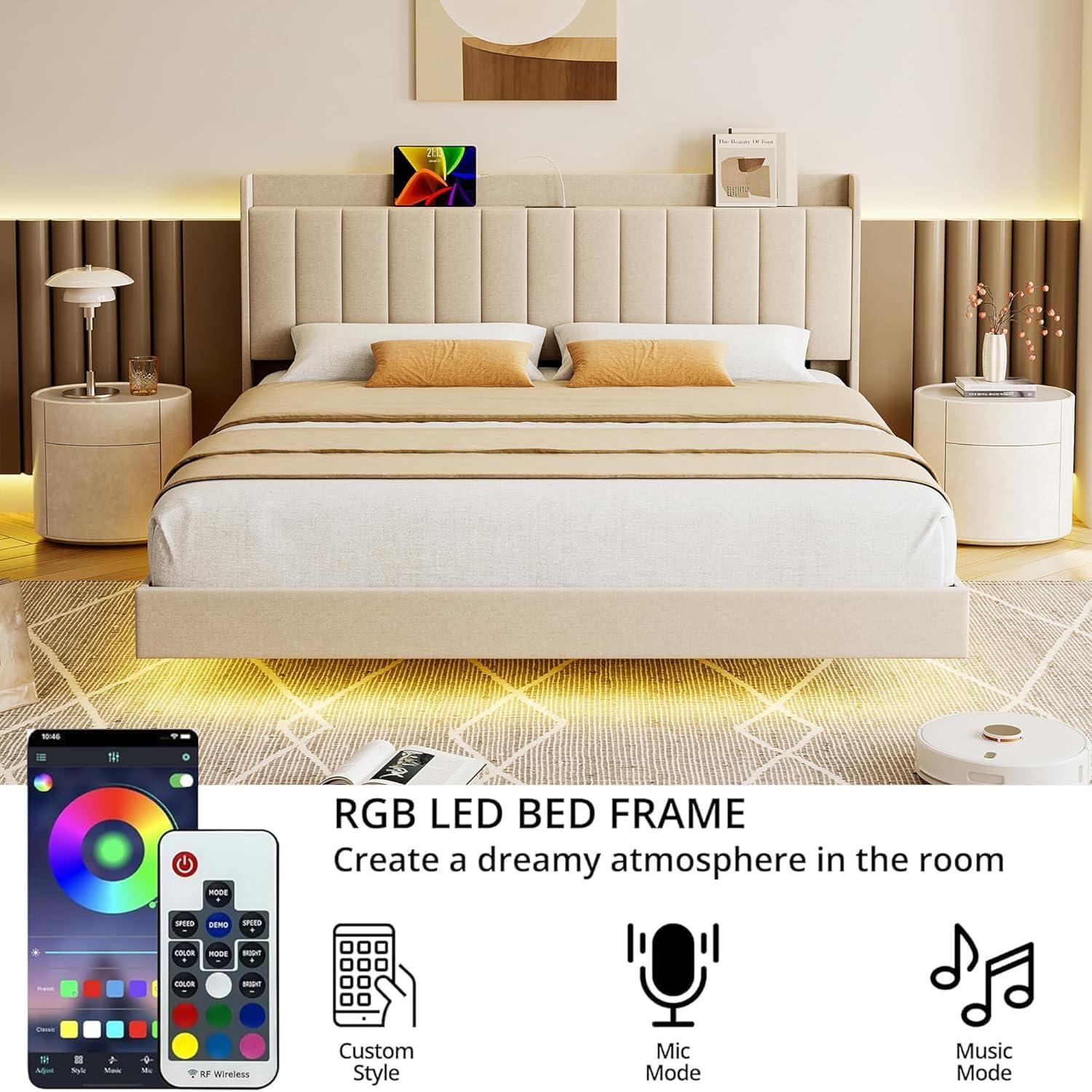 GarveeHome Queen Floating Bed Frame with Charging Station & Storage Headboard, Upholstered Platform Full Size Bed Frame with LED Lights, Solid Wood Slats, Beige